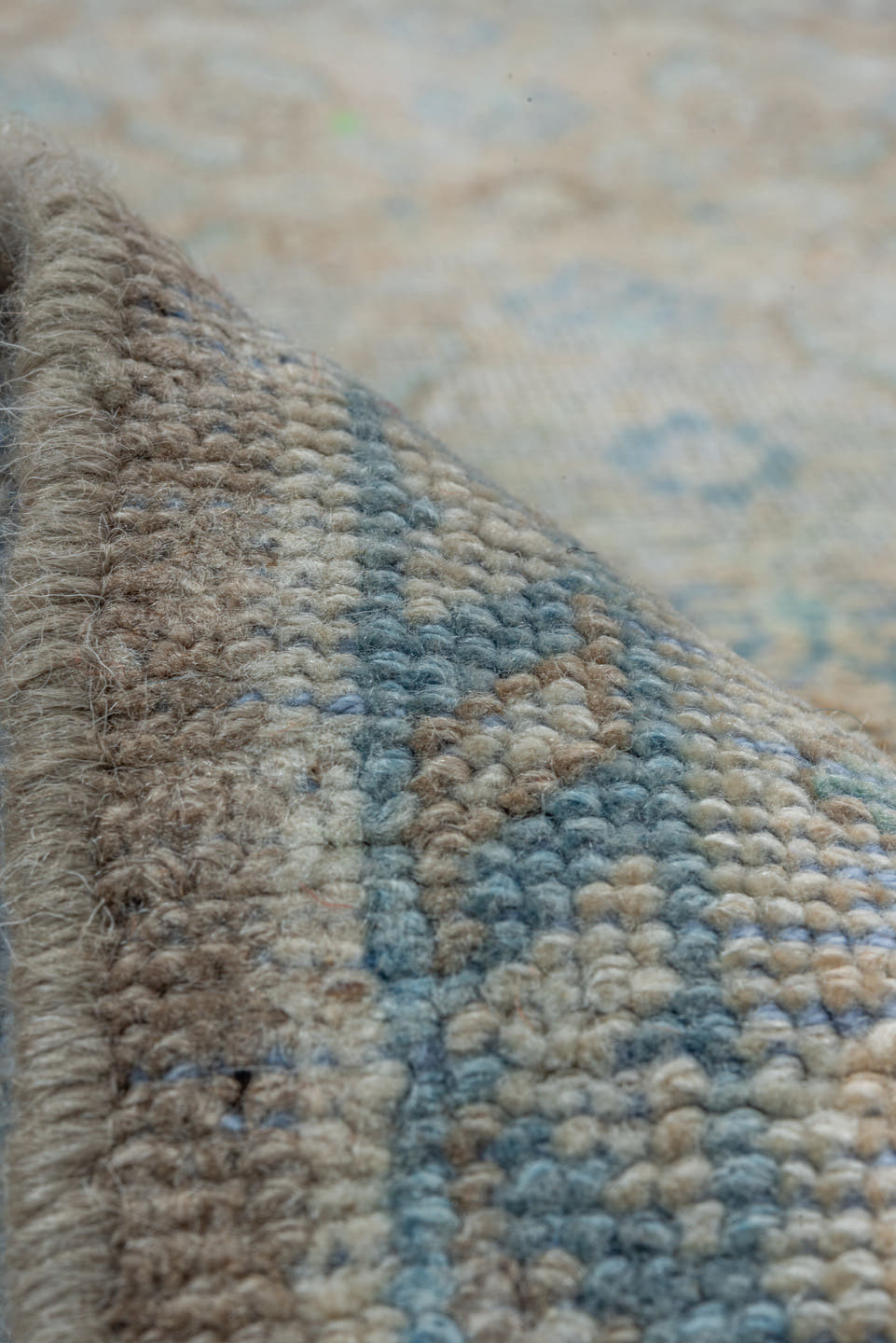 3' x 10' one-of-a-kind handmade vintage Mahal runner rug. Color palette: taupe, sky blue, ivory, beige, camel, light gray