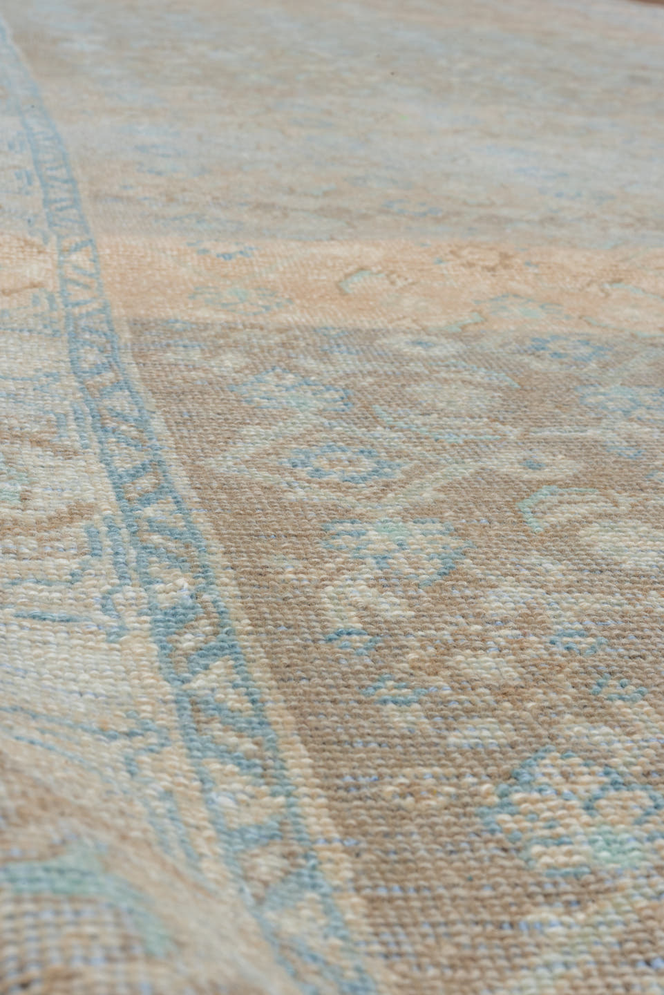 3' x 10' one-of-a-kind handmade vintage Mahal runner rug. Color palette: taupe, sky blue, ivory, beige, camel, light gray