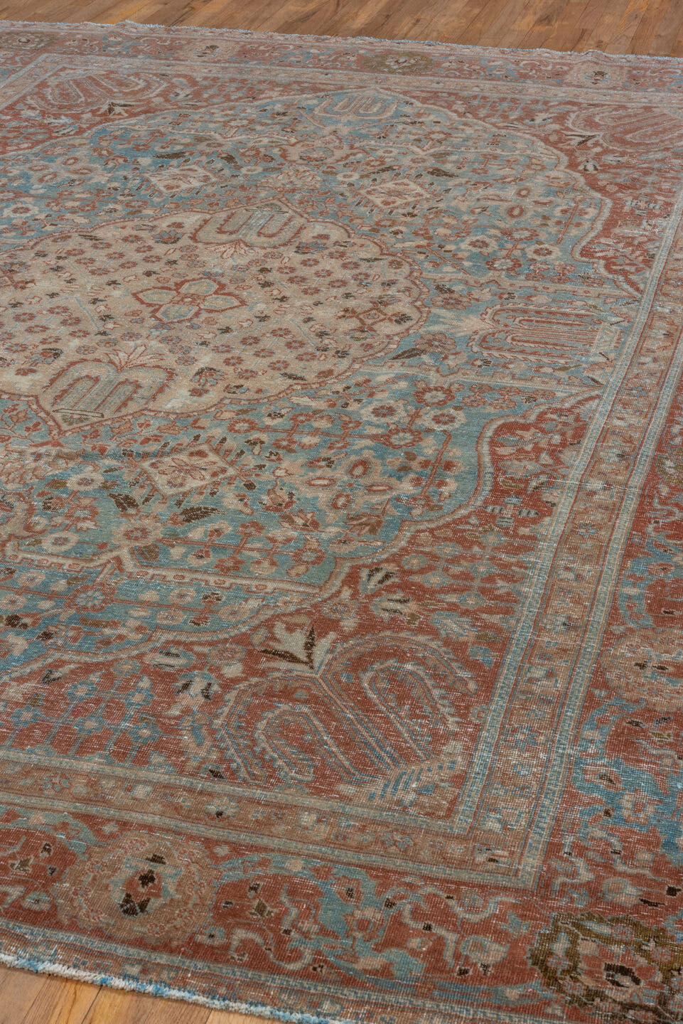 8' x 11' one-of-a-kind handmade vintage Tabriz large size rug. Color palette: sky blue, rust, ivory, taupe, camel, charcoal