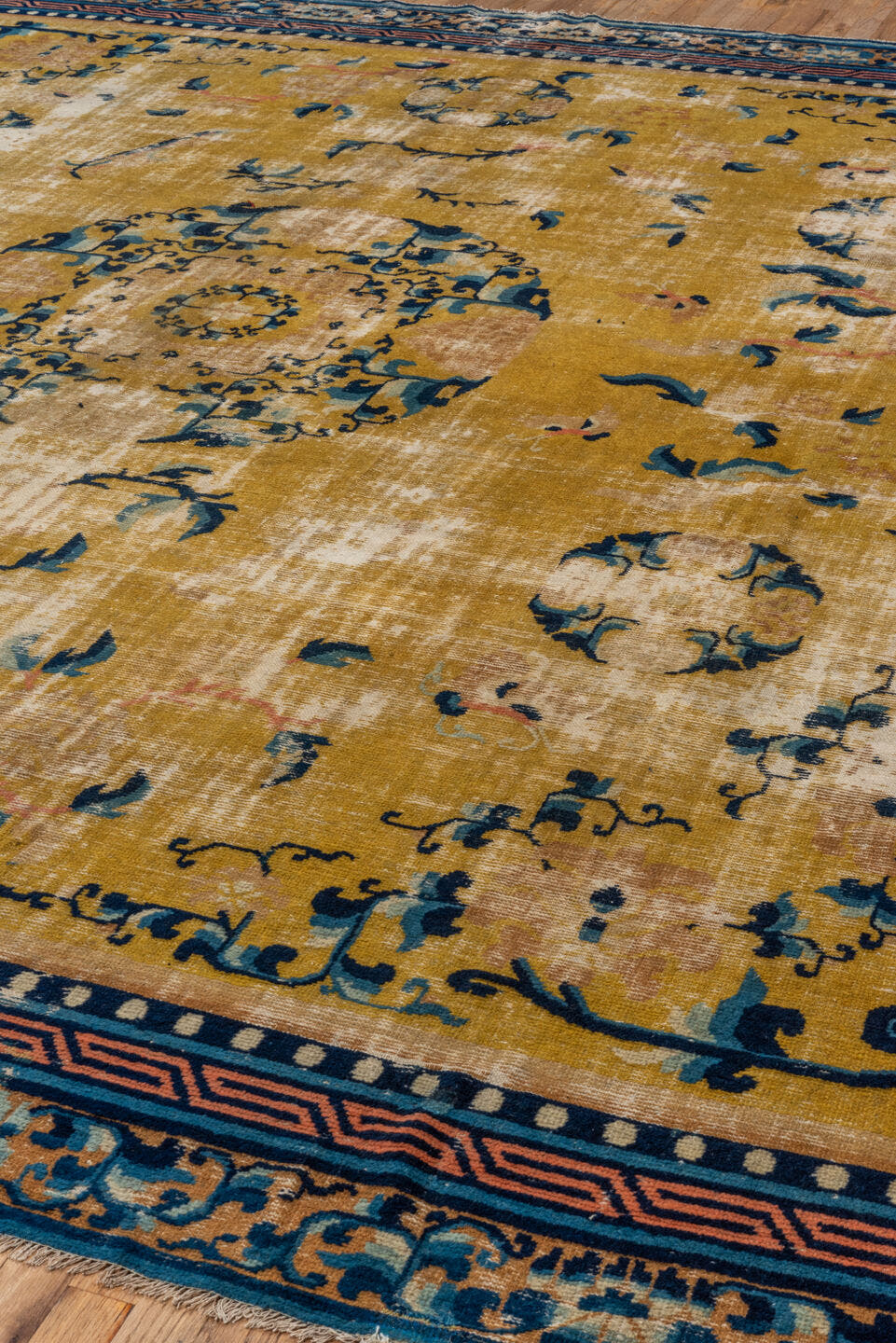 12' x 12' one-of-a-kind handmade vintage Chinese oversize rug. Color palette: gold, navy, ivory, sky_blue, camel, rose, blue