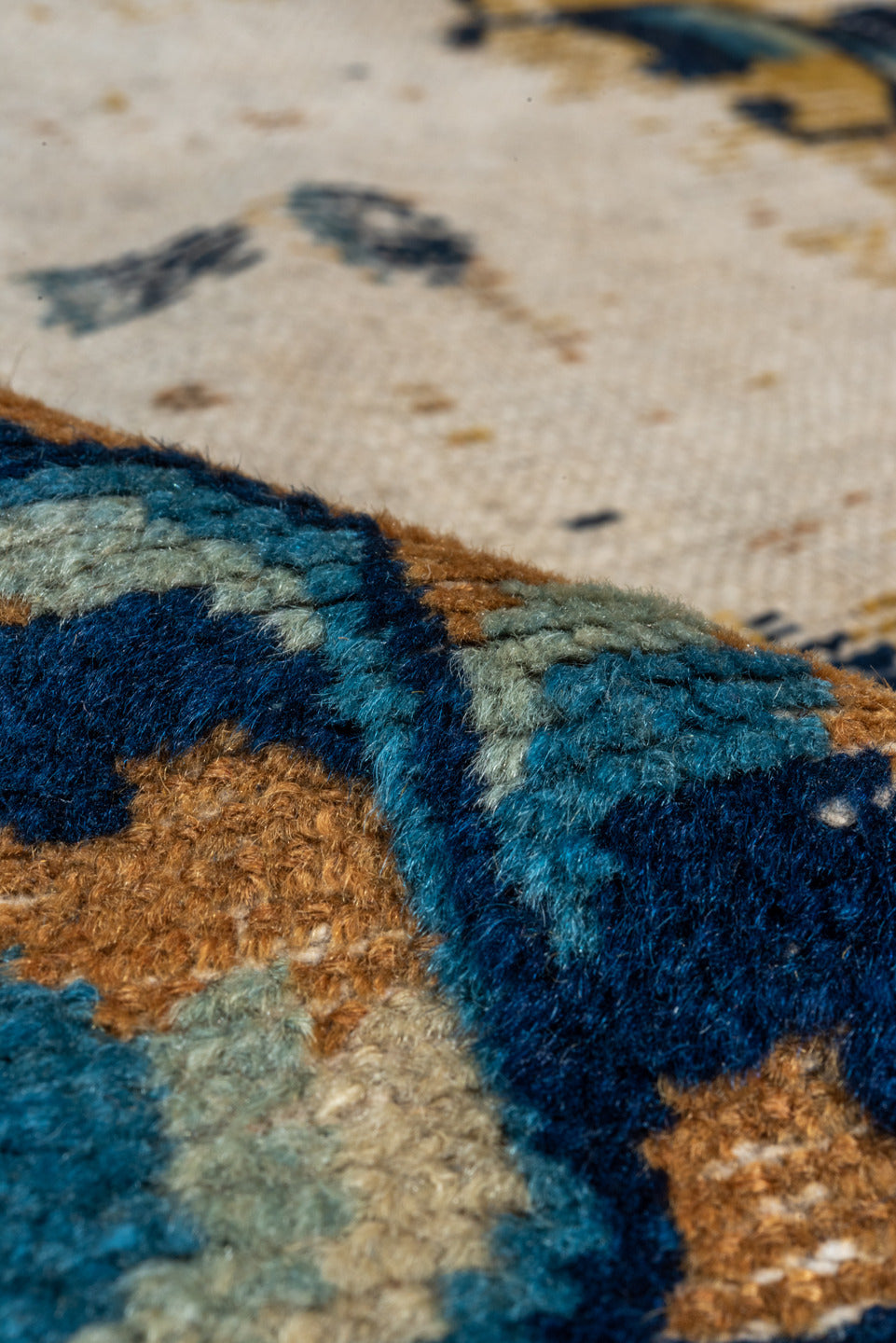 12' x 12' one-of-a-kind handmade vintage Chinese oversize rug. Color palette: gold, navy, ivory, sky_blue, camel, rose, blue