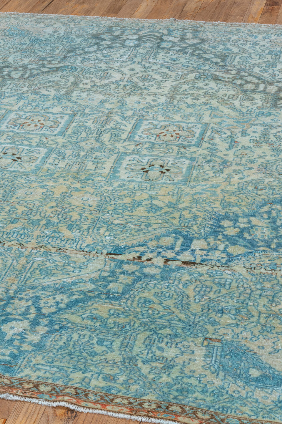 4' x 6' one-of-a-kind handmade vintage Malayer small size rug. Color palette: ivory, sky blue, aqua, slate, taupe, rust