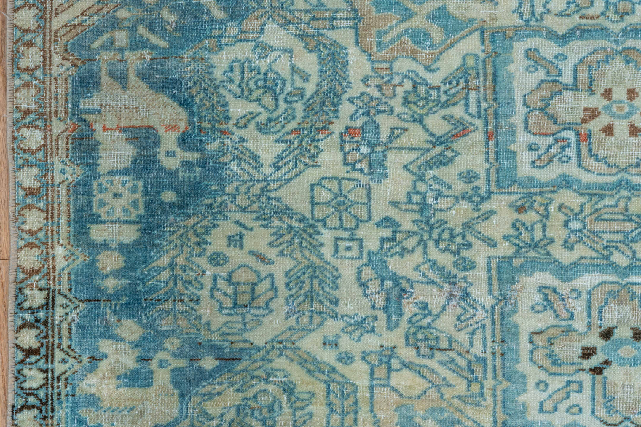 4' x 6' one-of-a-kind handmade vintage Malayer small size rug. Color palette: ivory, sky blue, aqua, slate, taupe, rust