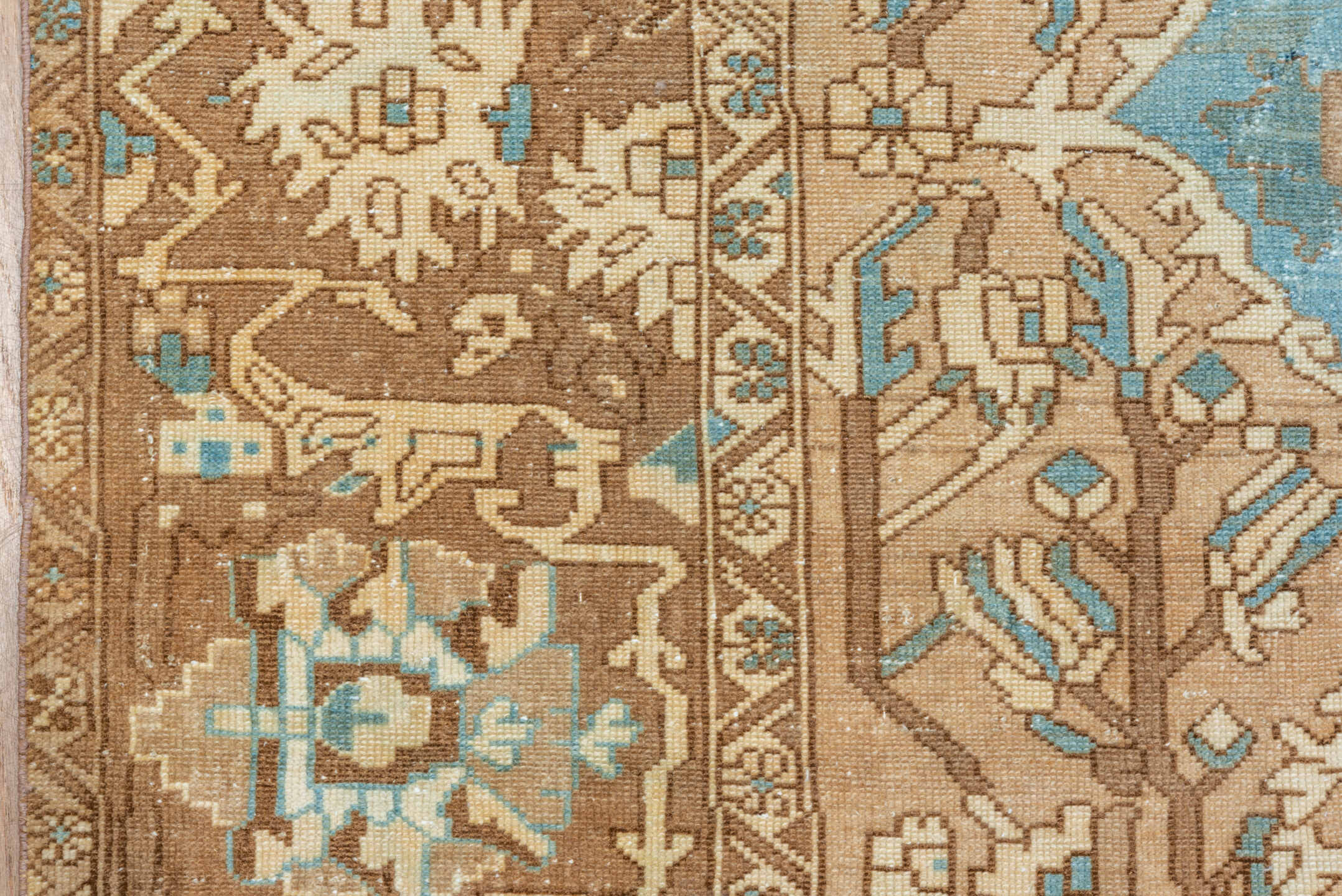 9' x 12' one-of-a-kind handmade vintage Baktiary large size rug. Color palette: sky blue, taupe, ivory, brown, camel, teal