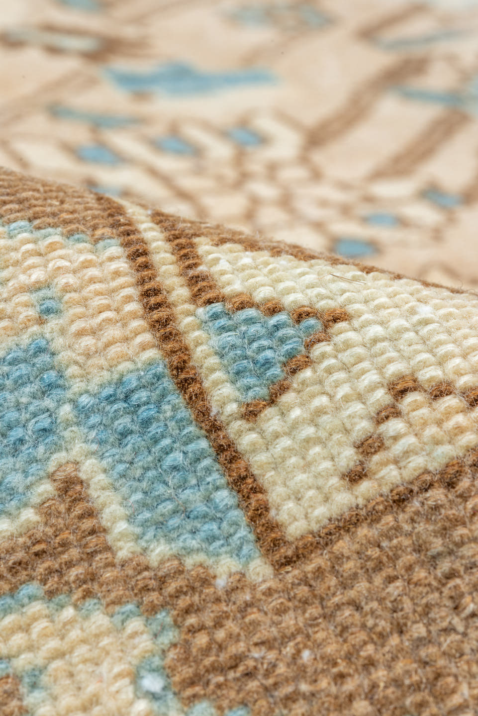 9' x 12' one-of-a-kind handmade vintage Baktiary large size rug. Color palette: sky blue, taupe, ivory, brown, camel, teal