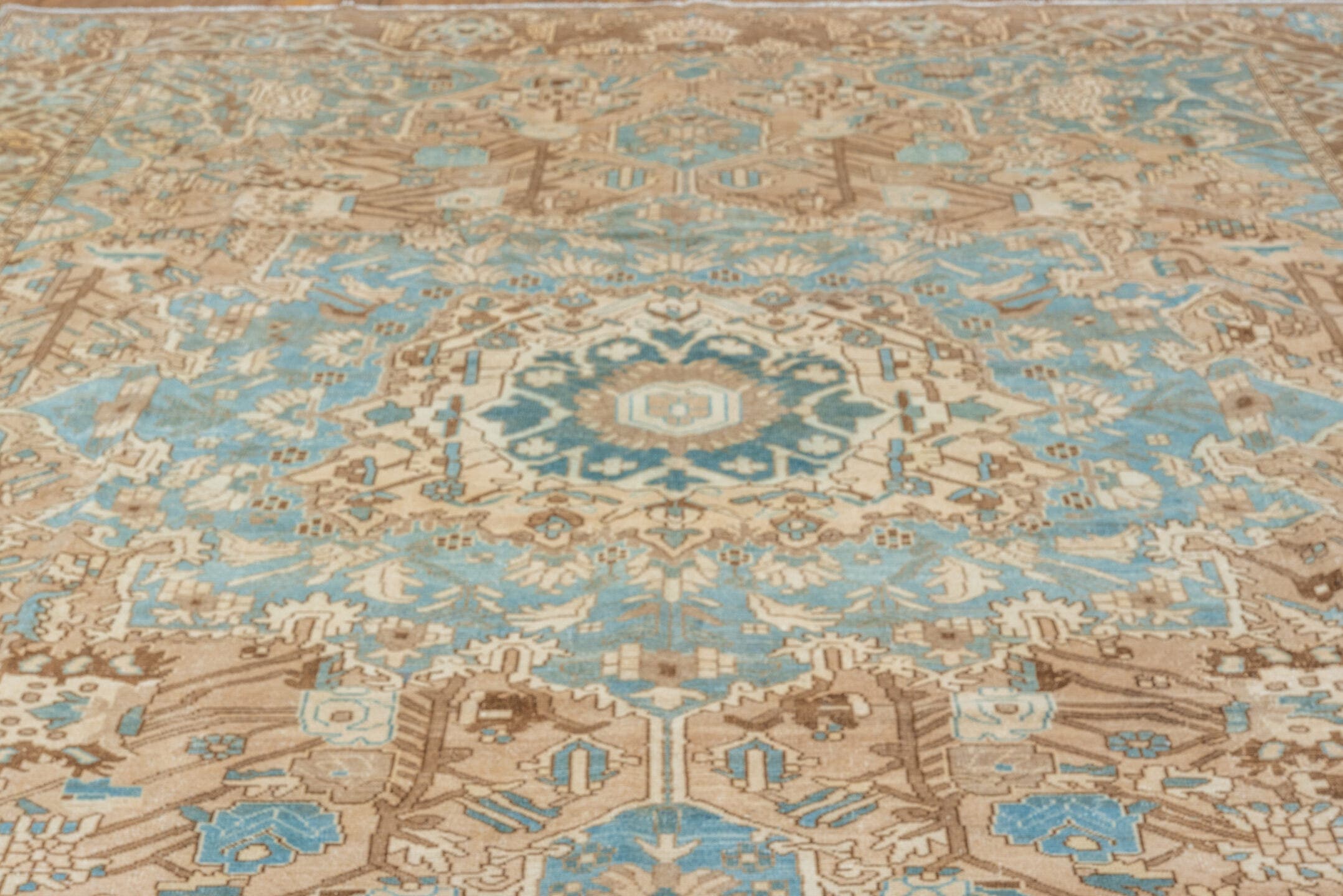 9' x 12' one-of-a-kind handmade vintage Baktiary large size rug. Color palette: sky blue, taupe, ivory, brown, camel, teal