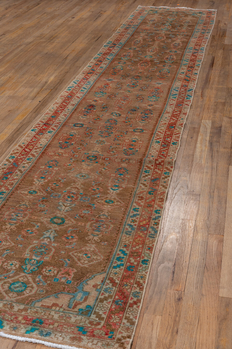 2' x 15' one-of-a-kind handmade vintage Malayer runner rug. Color palette: camel, rust, turquoise, ivory, taupe, terracotta