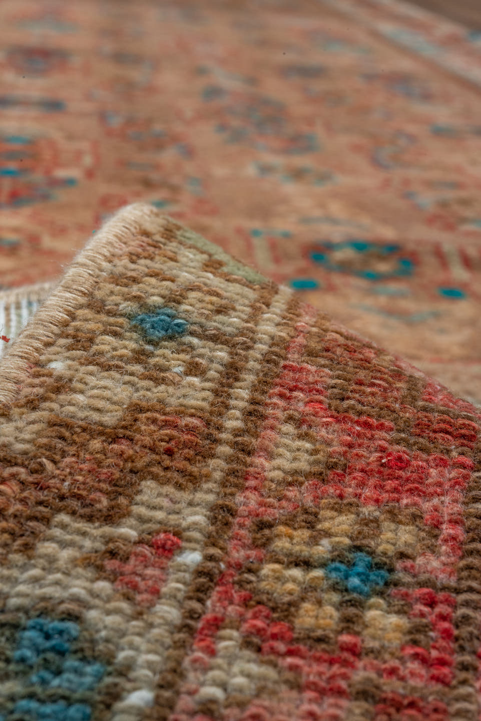 2' x 15' one-of-a-kind handmade vintage Malayer runner rug. Color palette: camel, rust, turquoise, ivory, taupe, terracotta
