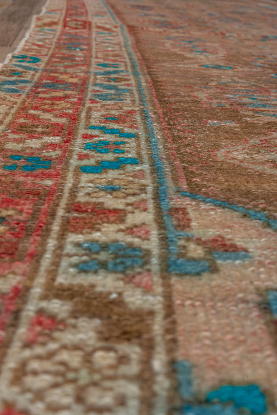 2' x 15' one-of-a-kind handmade vintage Malayer runner rug. Color palette: camel, rust, turquoise, ivory, taupe, terracotta