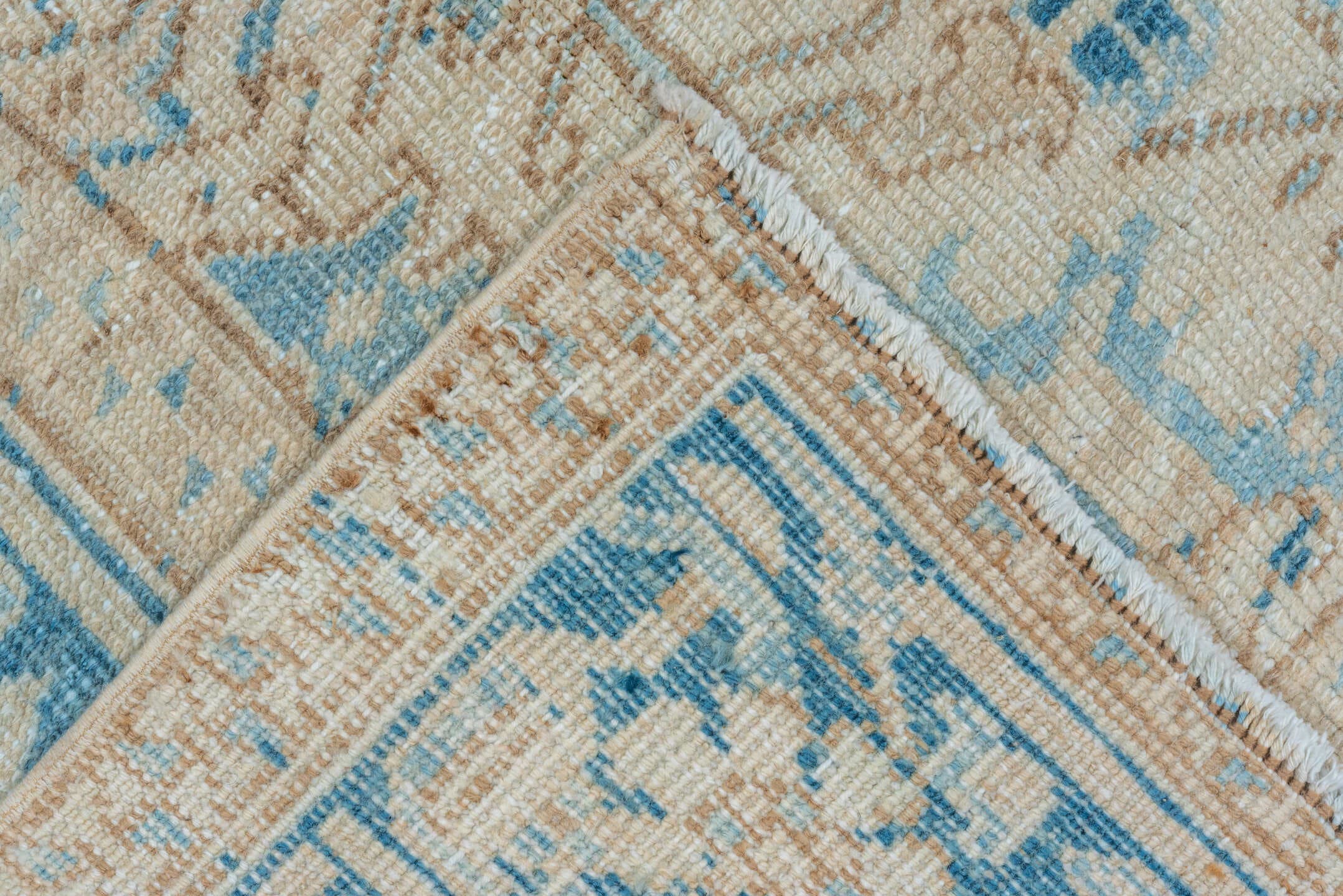 7' x 8' one-of-a-kind handmade vintage Heriz rug. Color palette: ivory, sky blue, beige, taupe, camel, slate, light blue