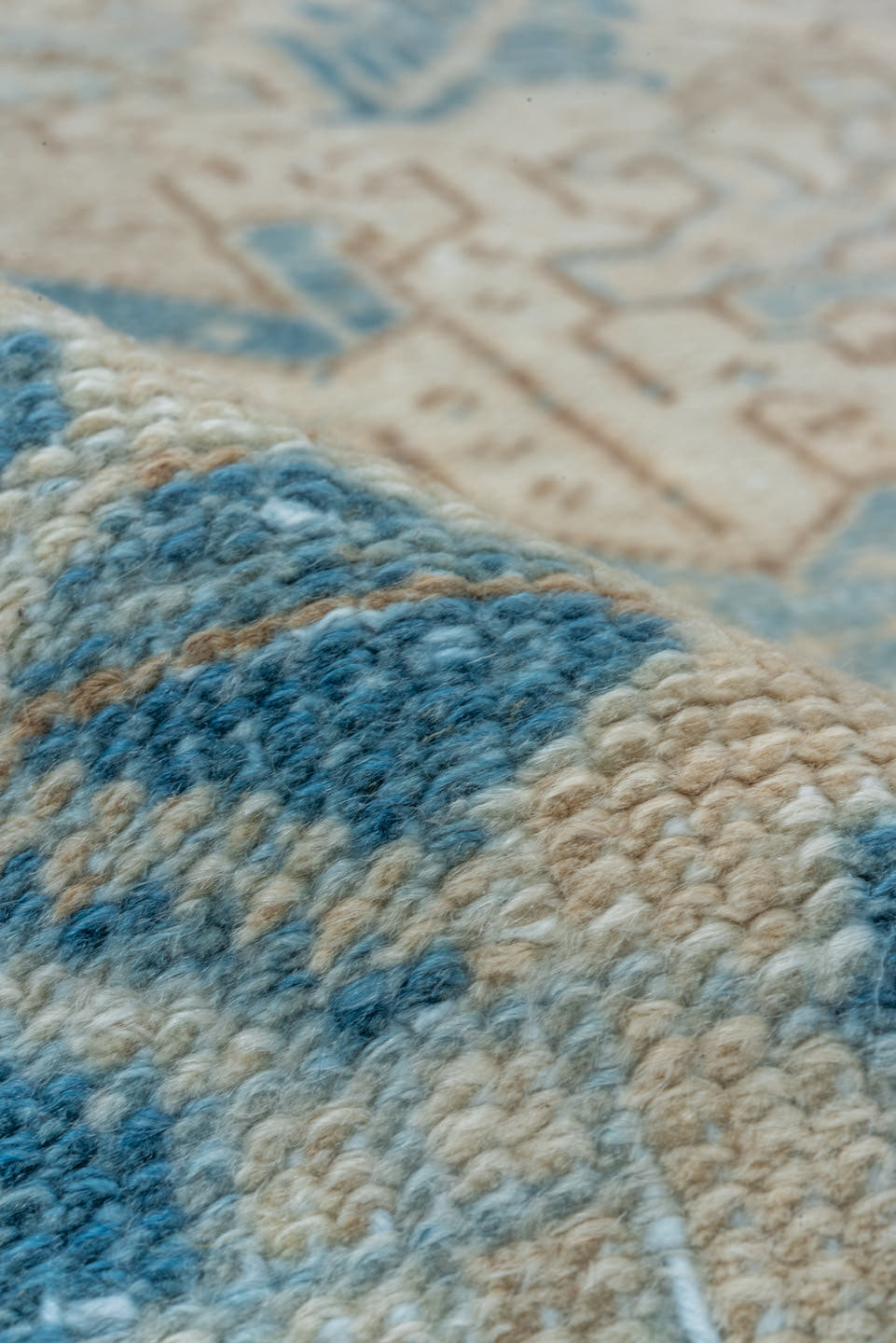 7' x 8' one-of-a-kind handmade vintage Heriz rug. Color palette: ivory, sky blue, beige, taupe, camel, slate, light blue