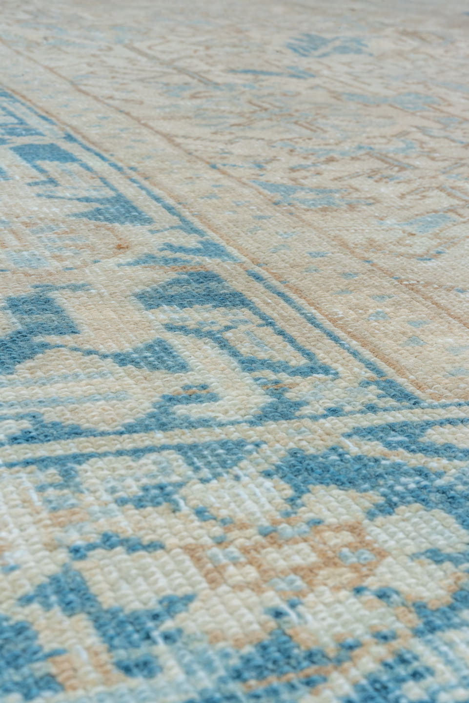 7' x 8' one-of-a-kind handmade vintage Heriz rug. Color palette: ivory, sky blue, beige, taupe, camel, slate, light blue