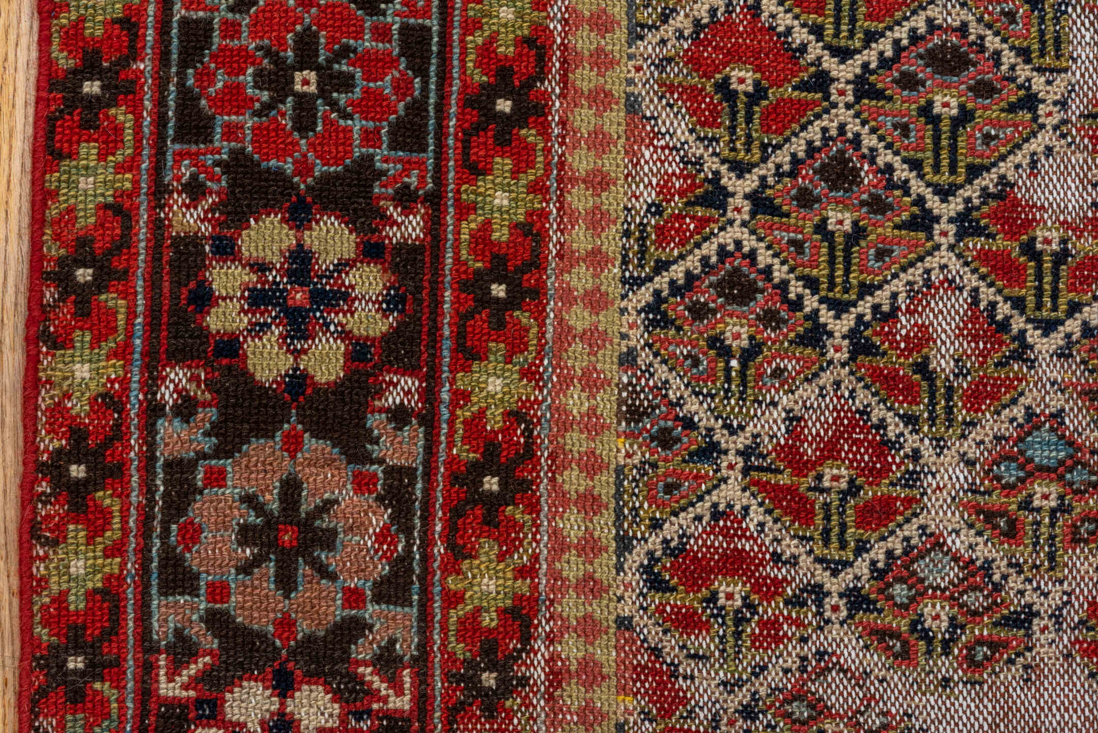 3' x 13' one-of-a-kind handmade vintage Malayer runner rug. Color palette: rust, ivory, navy, crimson, camel, gold, charcoal