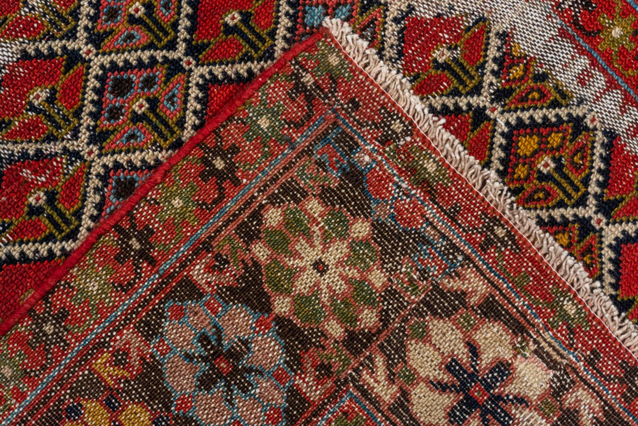 3' x 13' one-of-a-kind handmade vintage Malayer runner rug. Color palette: rust, ivory, navy, crimson, camel, gold, charcoal
