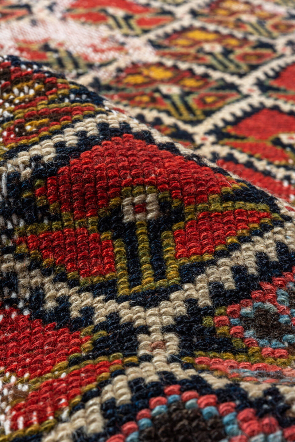 3' x 13' one-of-a-kind handmade vintage Malayer runner rug. Color palette: rust, ivory, navy, crimson, camel, gold, charcoal