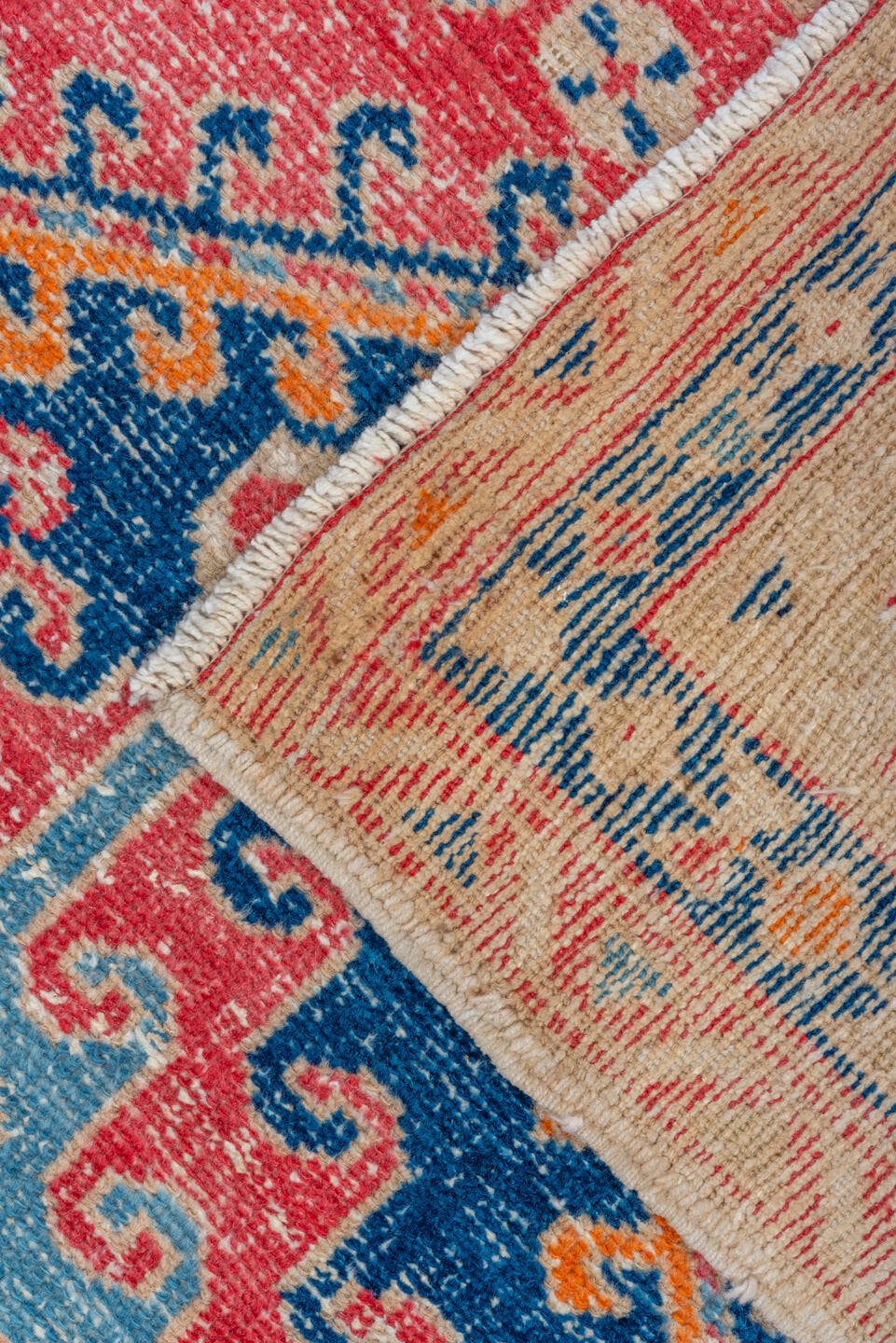3' x 9' one-of-a-kind handmade vintage Heriz runner rug. Color palette: coral, ivory, navy, sky_blue, rose, saffron