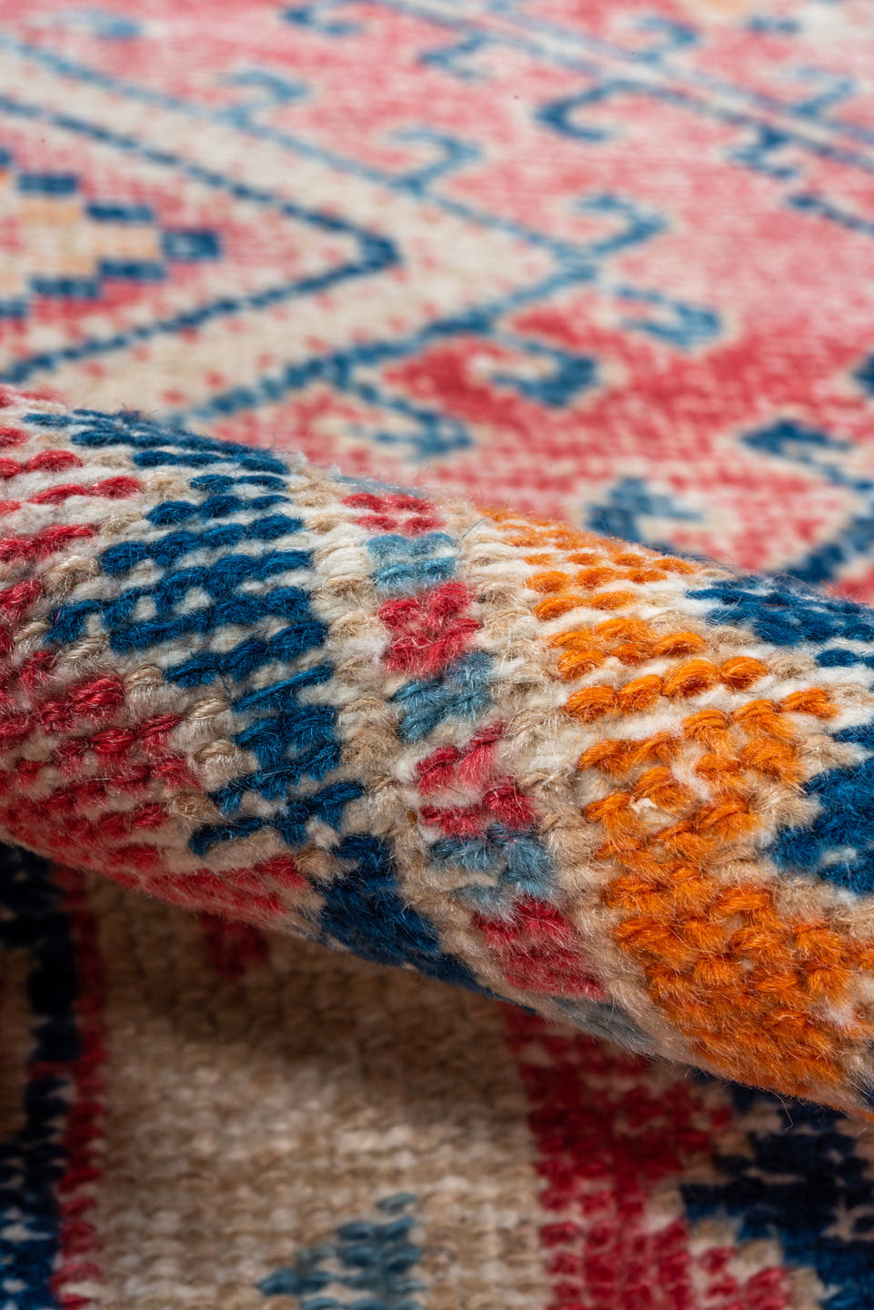 3' x 9' one-of-a-kind handmade vintage Heriz runner rug. Color palette: coral, ivory, navy, sky_blue, rose, saffron