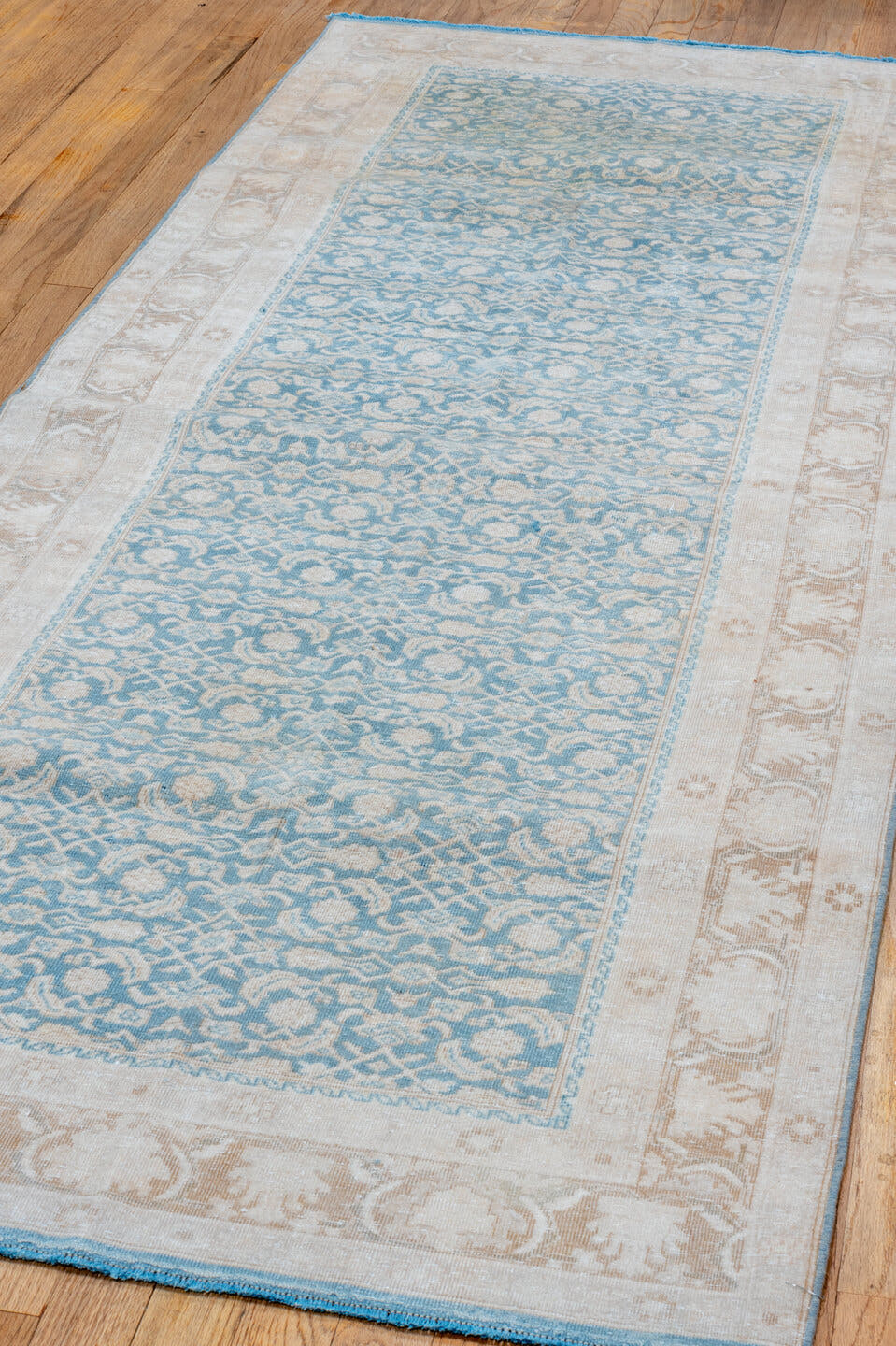 3' x 8' one-of-a-kind handmade vintage Tabriz runner rug. Color palette: sky blue, ivory, beige, taupe, light blue, gray