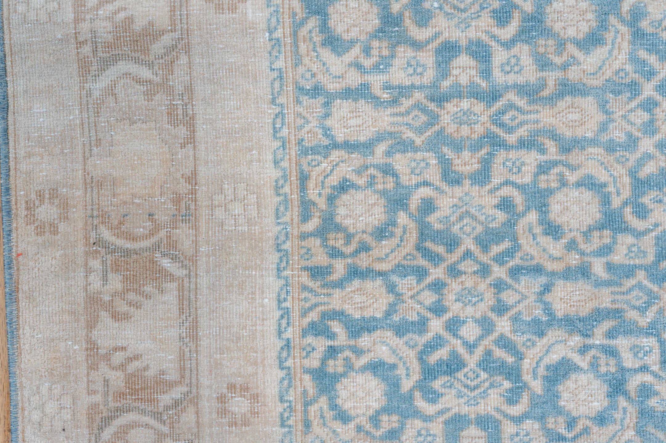 3' x 8' one-of-a-kind handmade vintage Tabriz runner rug. Color palette: sky blue, ivory, beige, taupe, light blue, gray
