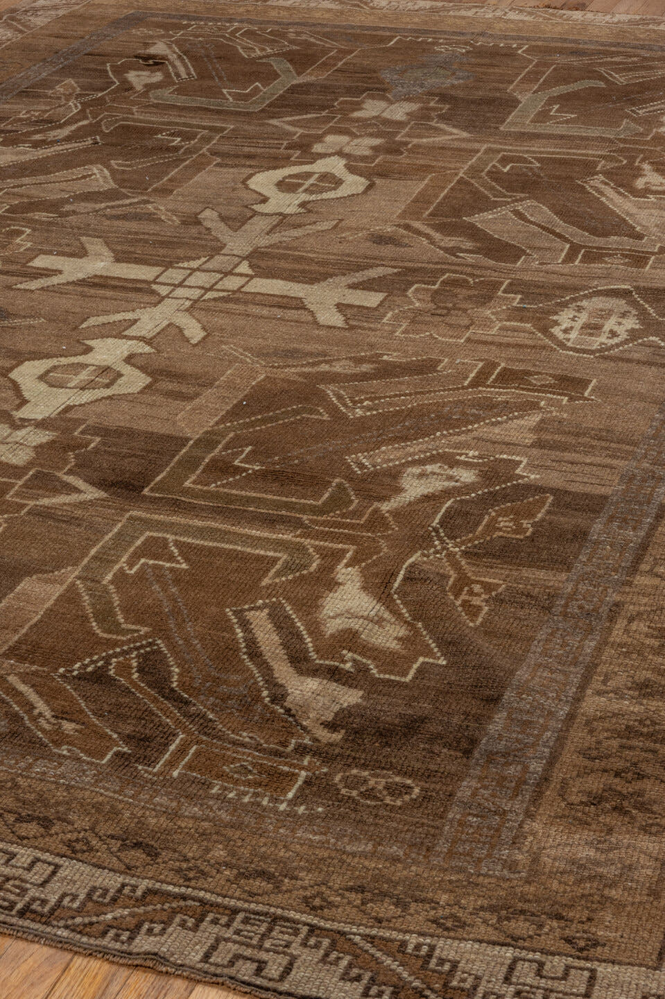 7' x 10' one-of-a-kind handmade vintage Kars large size rug. Color palette: brown, taupe, camel, ivory, charcoal, beige