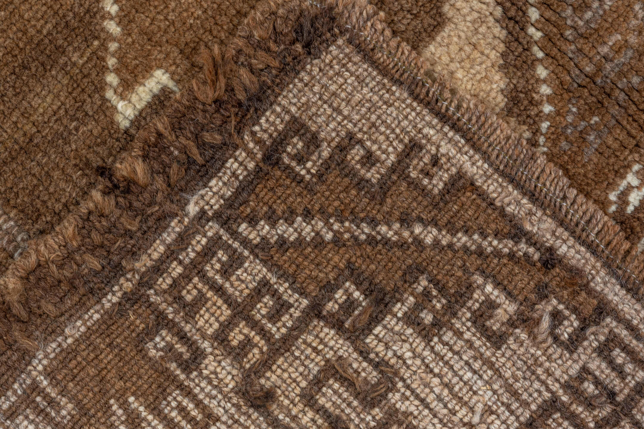 7' x 10' one-of-a-kind handmade vintage Kars large size rug. Color palette: brown, gray, linen, off-white, seashell