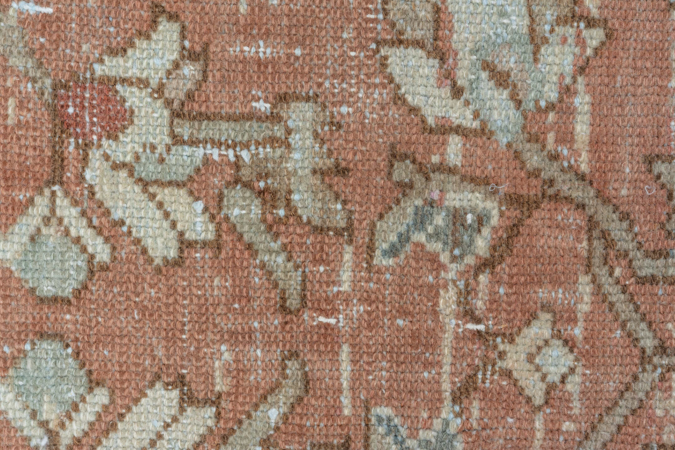 7' x 9' one-of-a-kind handmade vintage Malayer rug. Color palette: rose, pale blue, ivory, terra cotta, taupe, camel, brown