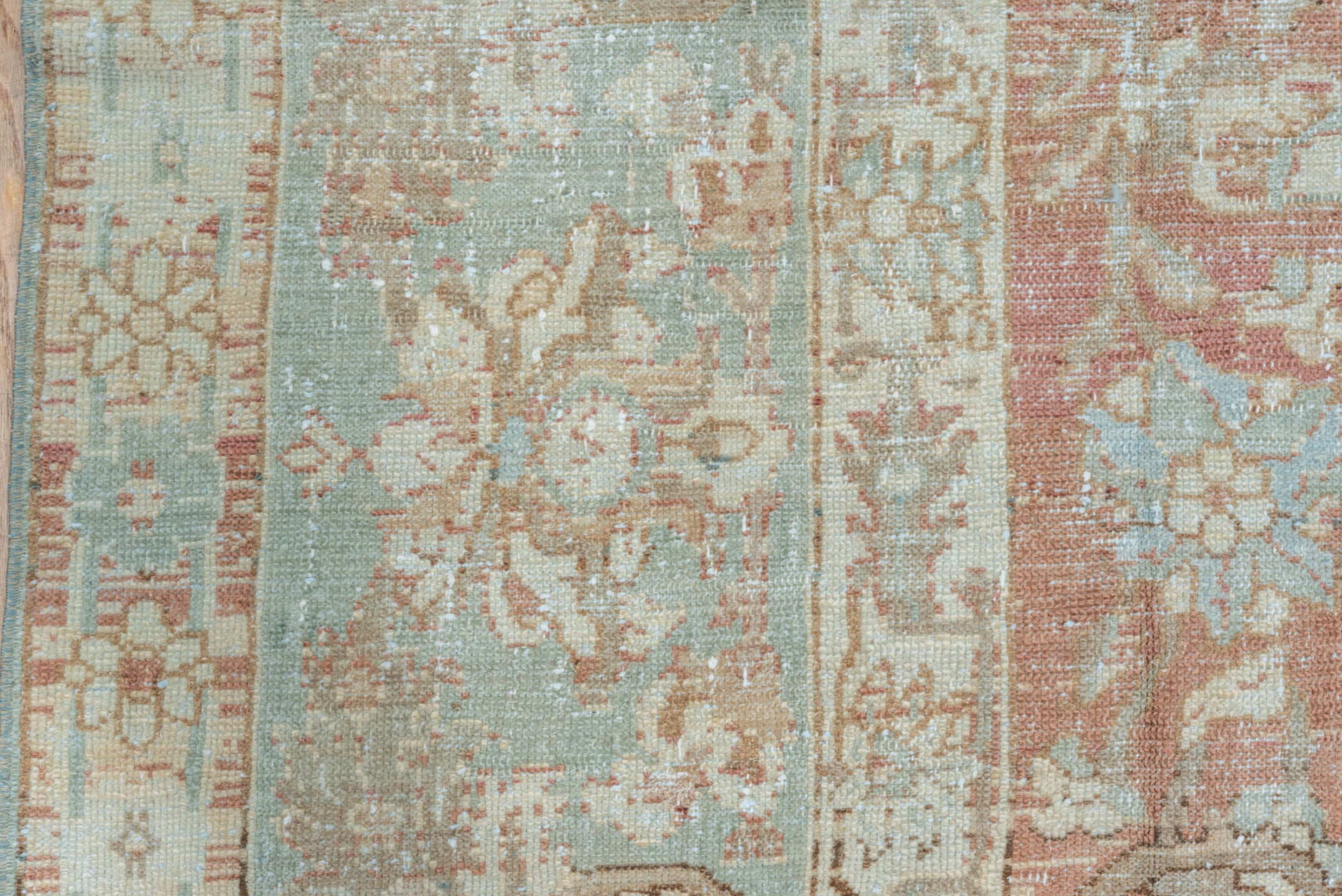 7' x 9' one-of-a-kind handmade vintage Malayer rug. Color palette: rose, pale blue, ivory, terra cotta, taupe, camel, brown