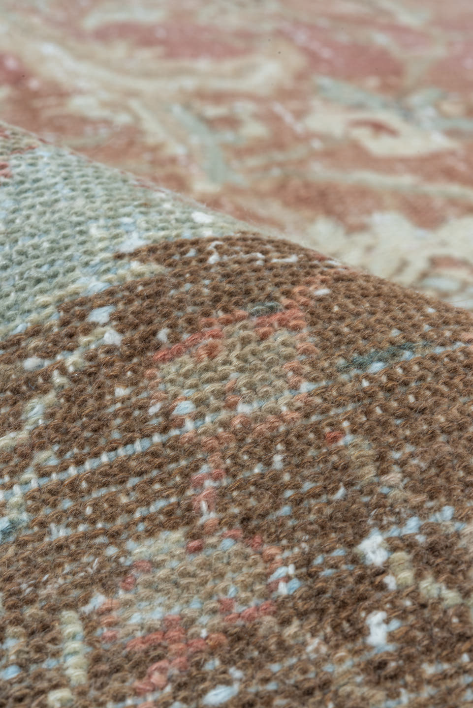 7' x 9' one-of-a-kind handmade vintage Malayer rug. Color palette: rose, pale blue, ivory, terra cotta, taupe, camel, brown