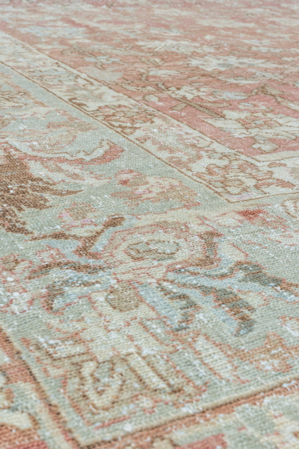 7' x 9' one-of-a-kind handmade vintage Malayer rug. Color palette: rose, pale blue, ivory, terra cotta, taupe, camel, brown