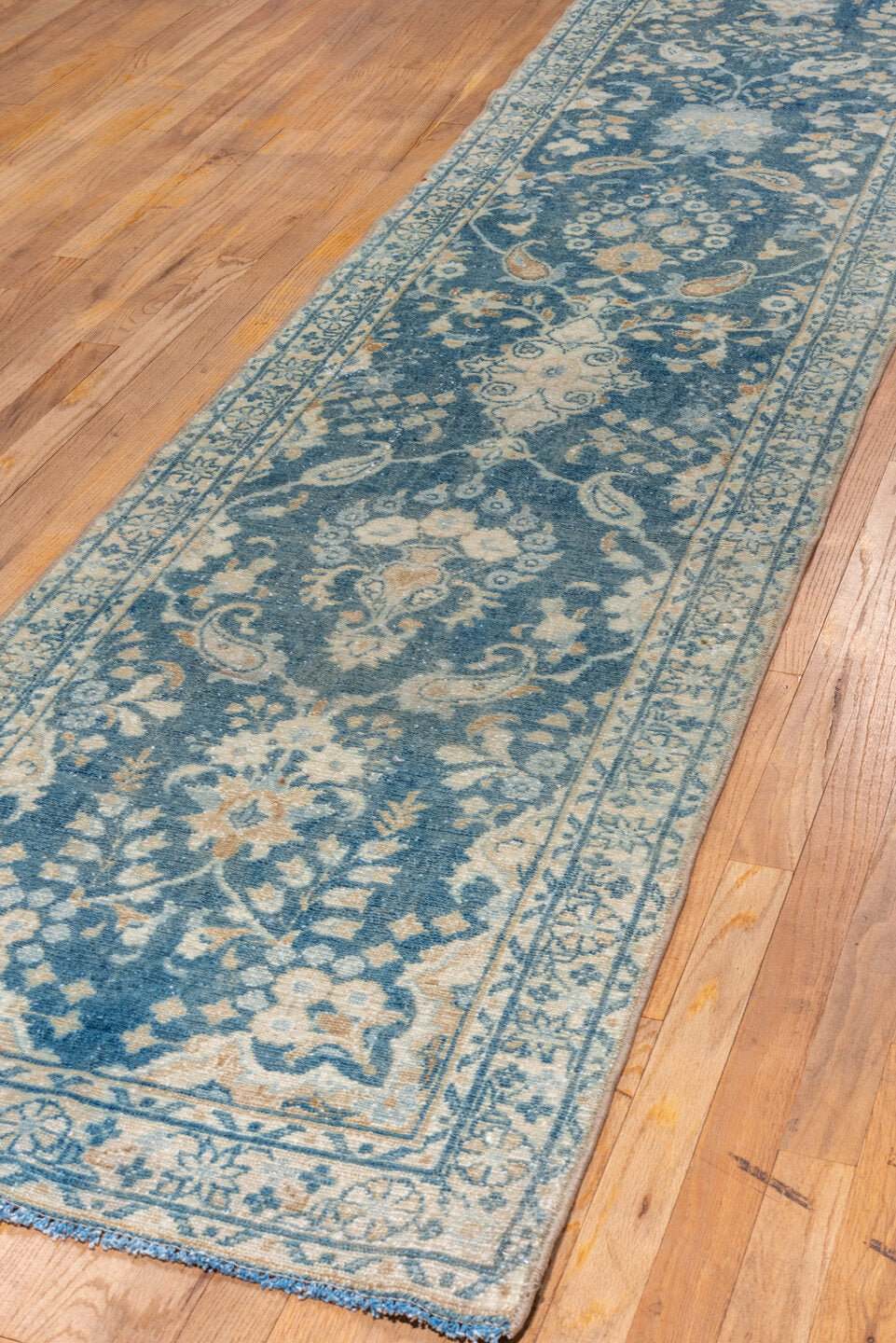 2' x 22' one-of-a-kind handmade vintage Lilian runner rug. Color palette: blue, gray, light gray, off-white, silver