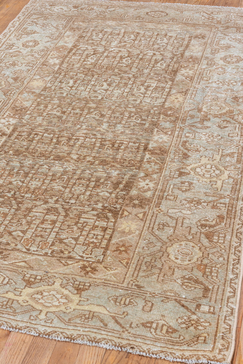 3' x 6' one-of-a-kind handmade vintage Malayer small size rug. Color palette: taupe, camel, ivory, light blue, sand, brown