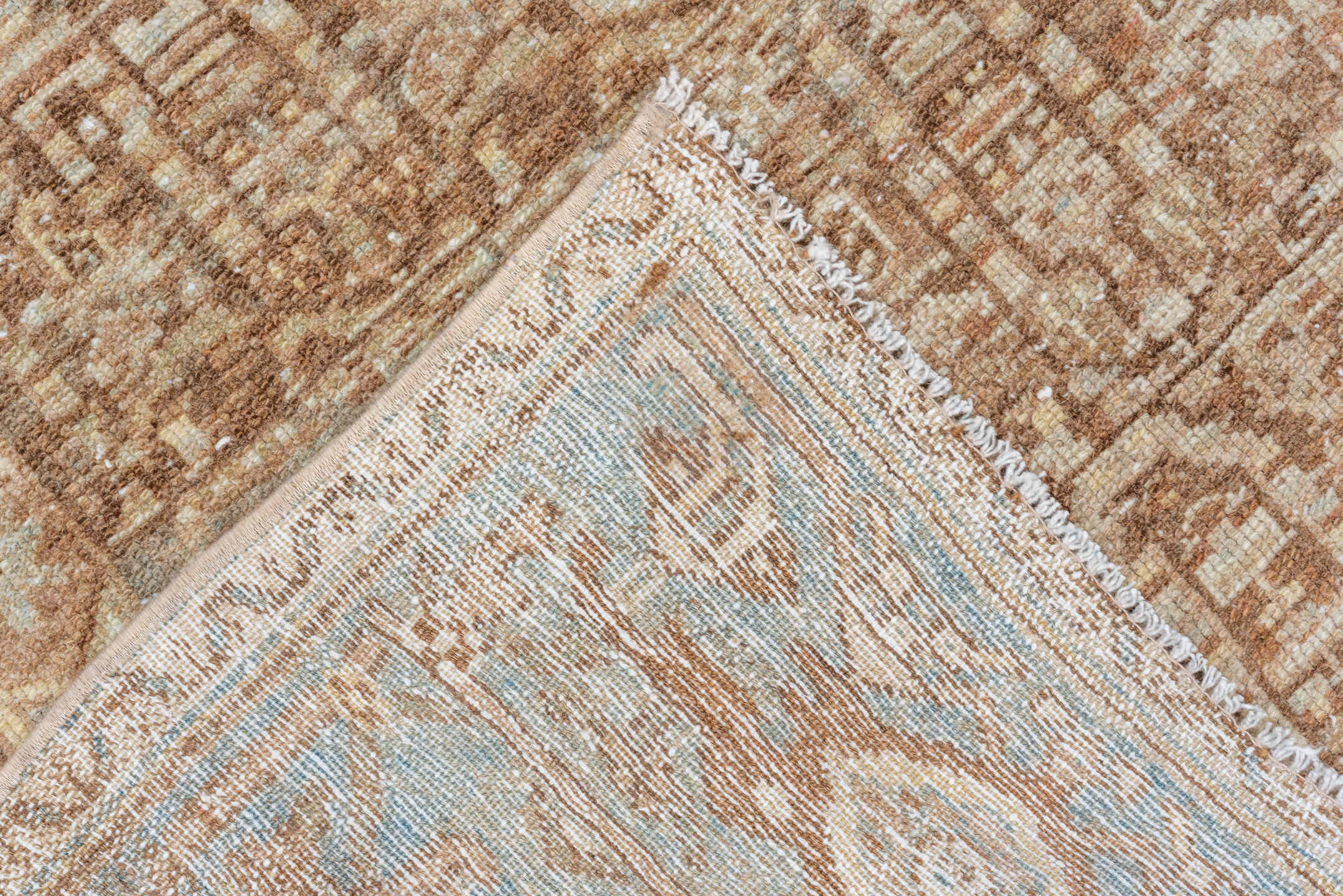 3' x 6' one-of-a-kind handmade vintage Malayer small size rug. Color palette: taupe, camel, ivory, light blue, sand, brown