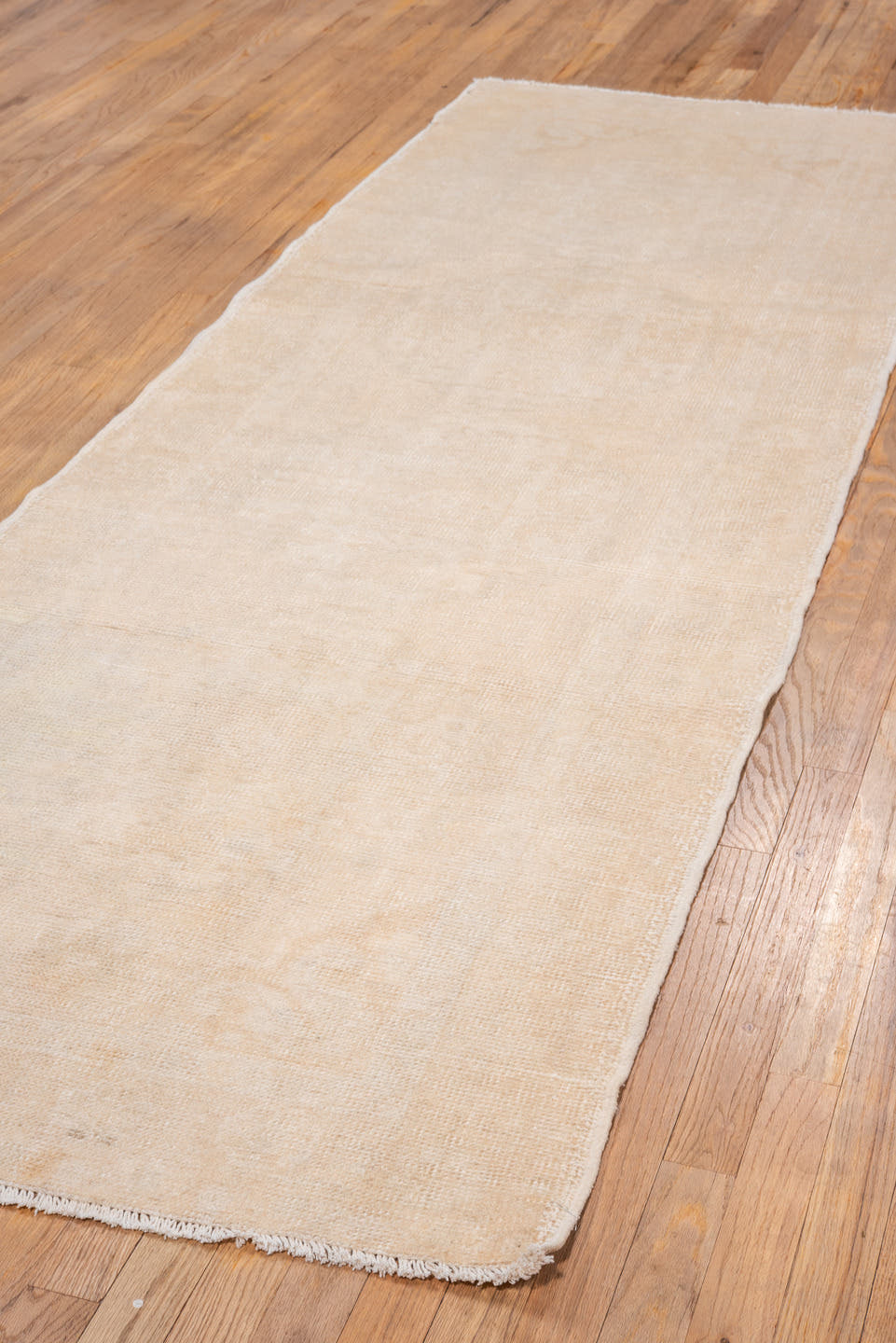 3' x 9' one-of-a-kind handmade vintage Oushak runner rug. Color palette: ivory, cream, beige, taupe, gray