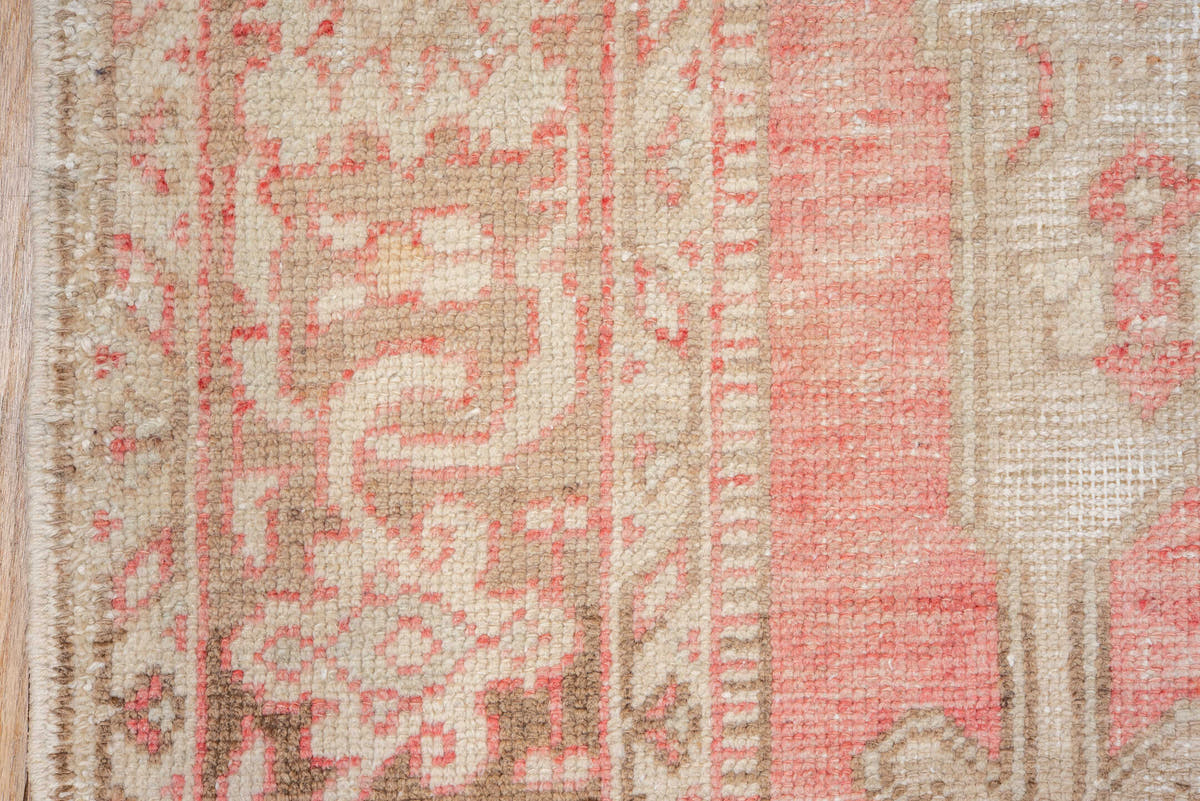 5' x 8' one-of-a-kind handmade vintage Oushak medium size rug. Color palette: coral, ivory, taupe, beige, blush, camel, gold
