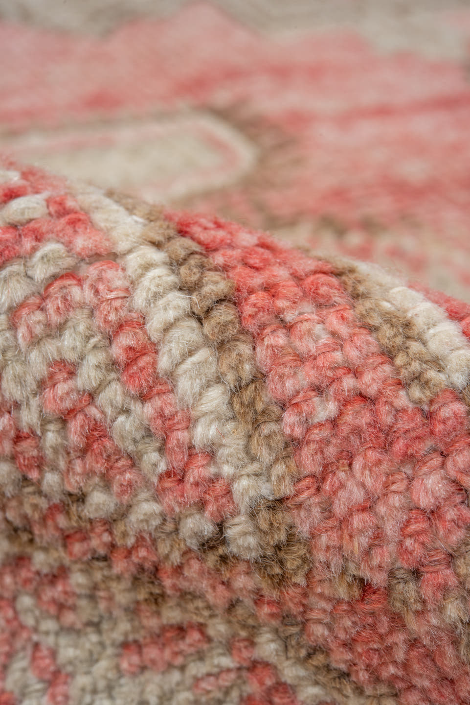 5' x 8' one-of-a-kind handmade vintage Oushak medium size rug. Color palette: coral, ivory, taupe, beige, blush, camel, gold