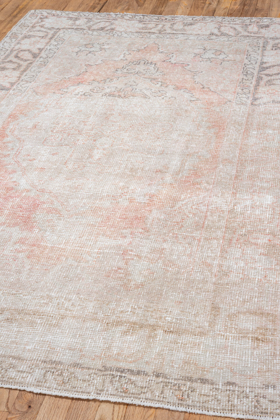 4' x 6' one-of-a-kind handmade vintage Oushak small size rug. Color palette: ivory, blush, taupe, pewter, cream, rose, pink