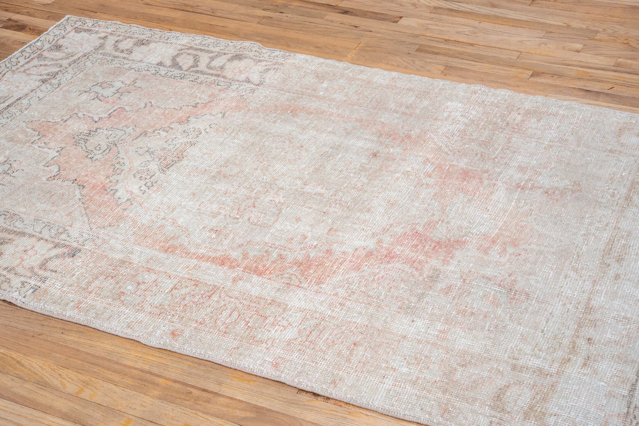 4' x 6' one-of-a-kind handmade vintage Oushak small size rug. Color palette: ivory, blush, taupe, pewter, cream, rose, pink