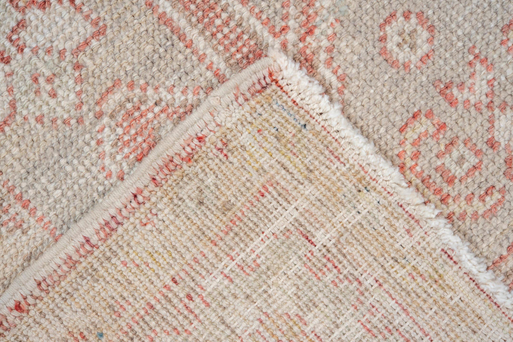 4' x 7' one-of-a-kind handmade vintage Oushak rug. Color palette: coral, ivory, taupe, gold, rust, beige, terracotta, gray