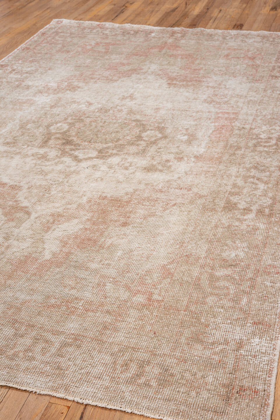 6' x 10' one-of-a-kind handmade vintage Oushak large size rug. Color palette: ivory, blush, taupe, beige, sand, pale rose