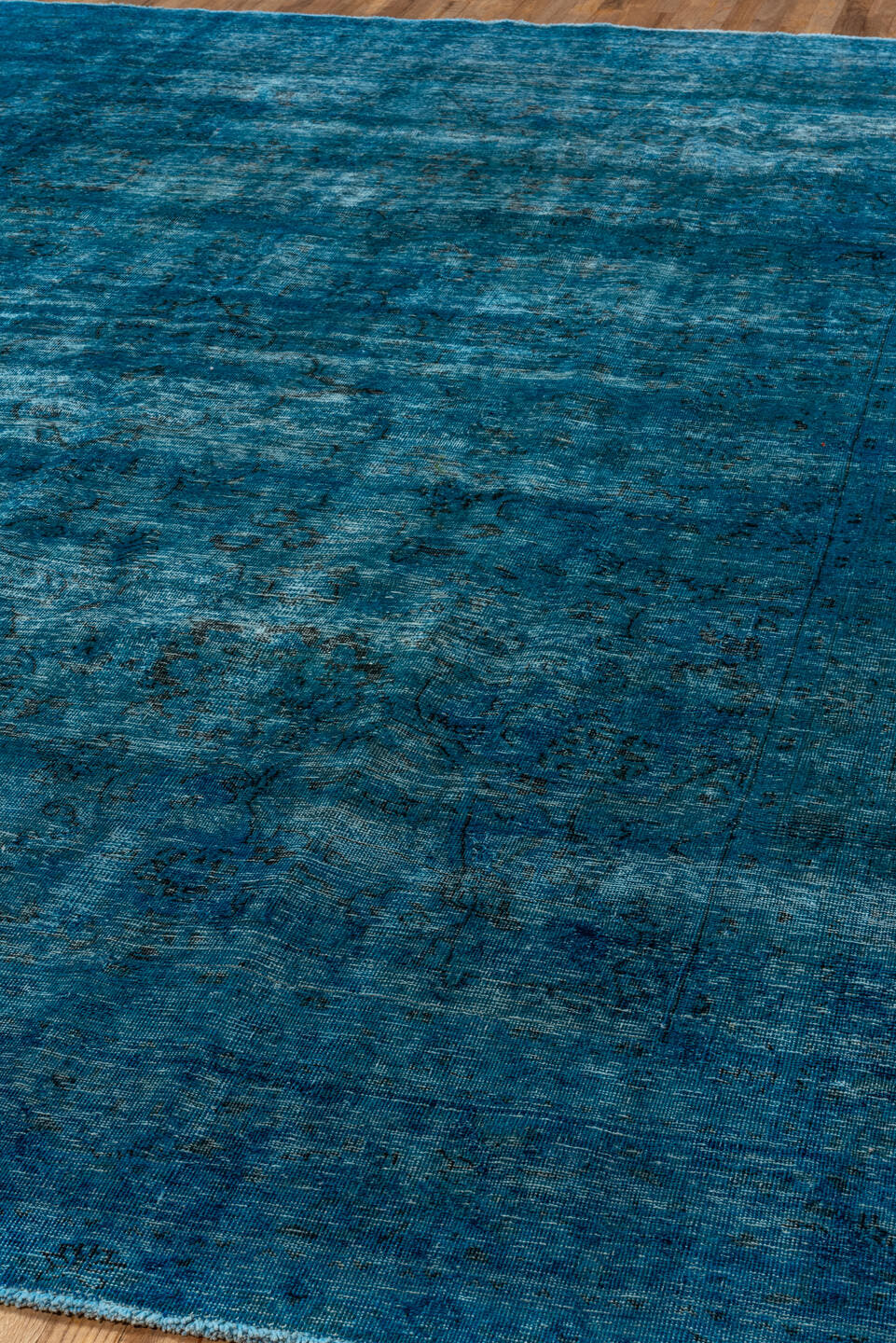 9' x 12' one-of-a-kind handmade vintage Overdyed large size rug. Color palette: teal, azure, slate, charcoal, light blue