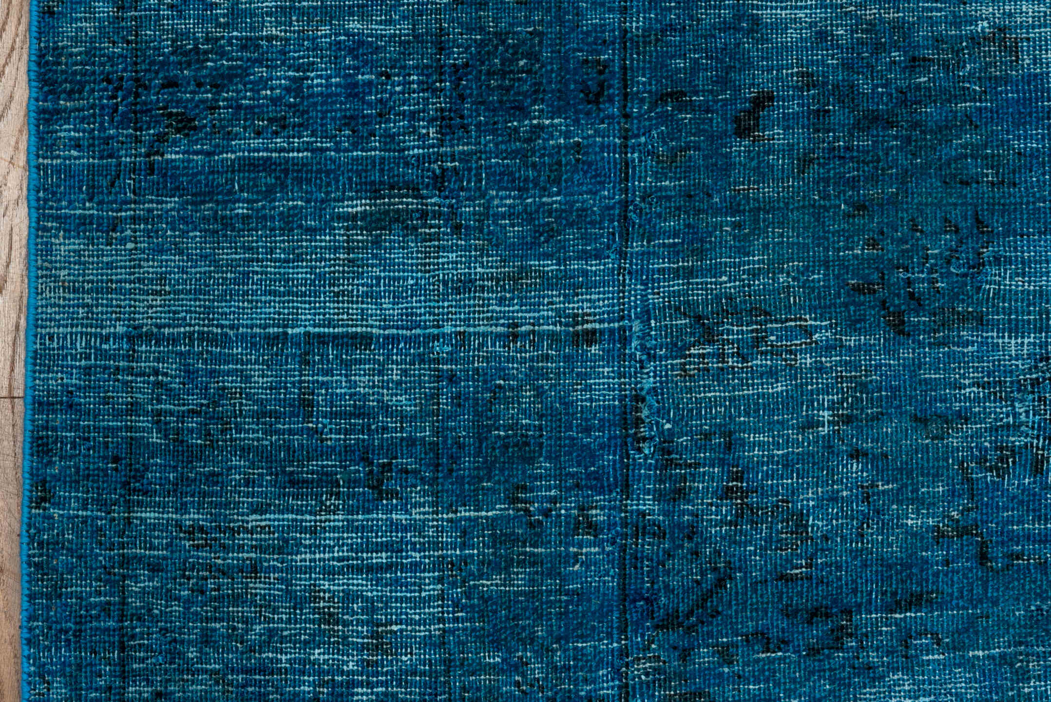 9' x 12' one-of-a-kind handmade vintage Overdyed large size rug. Color palette: teal, azure, slate, charcoal, light blue