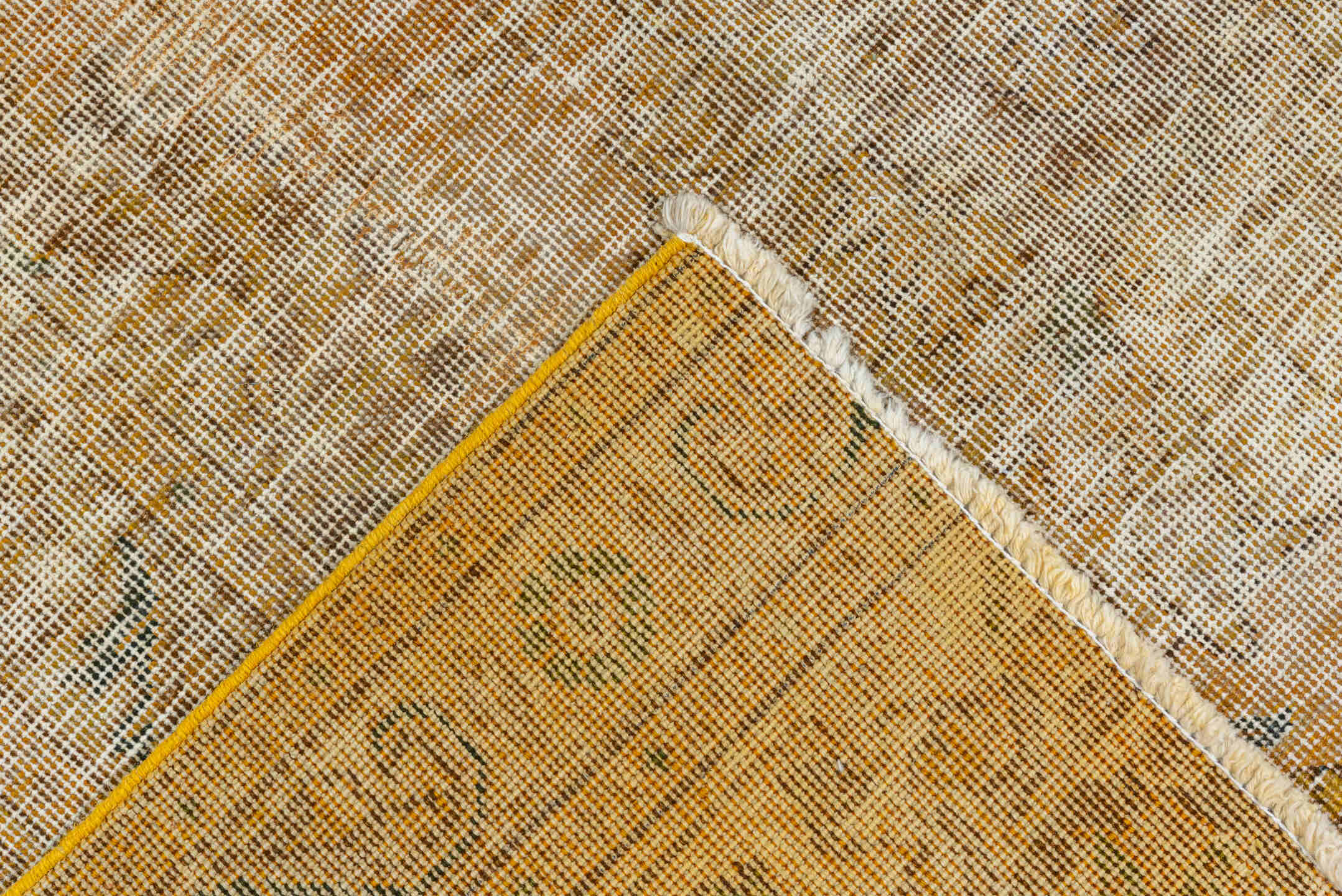 9' x 11' one-of-a-kind handmade vintage Overdyed large size rug. Color palette: ivory, beige, gold, taupe, sage, gray, green