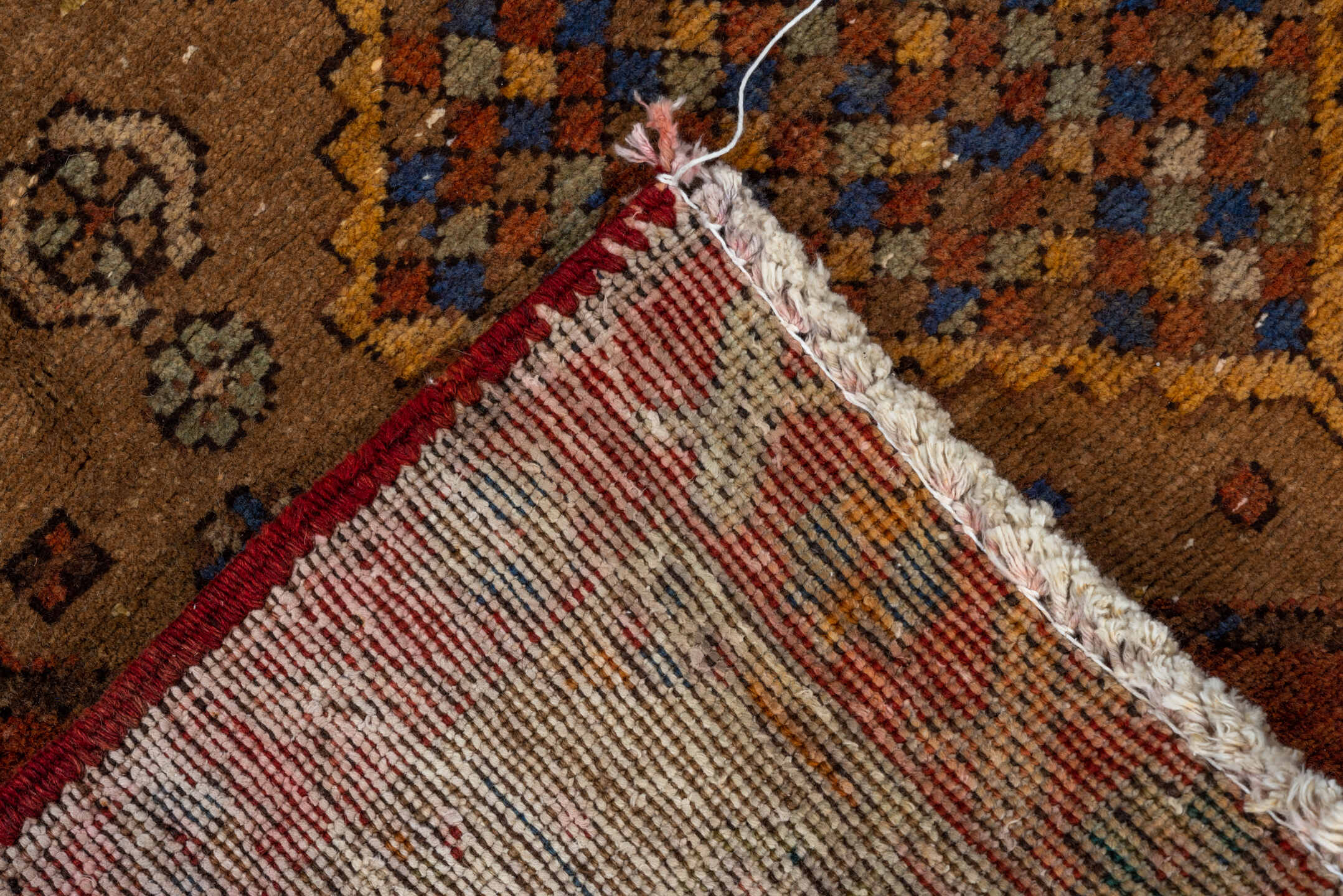 3' x 10' one-of-a-kind handmade vintage Heriz runner rug. Color palette: blue, brown, gray, pink, saddle brown