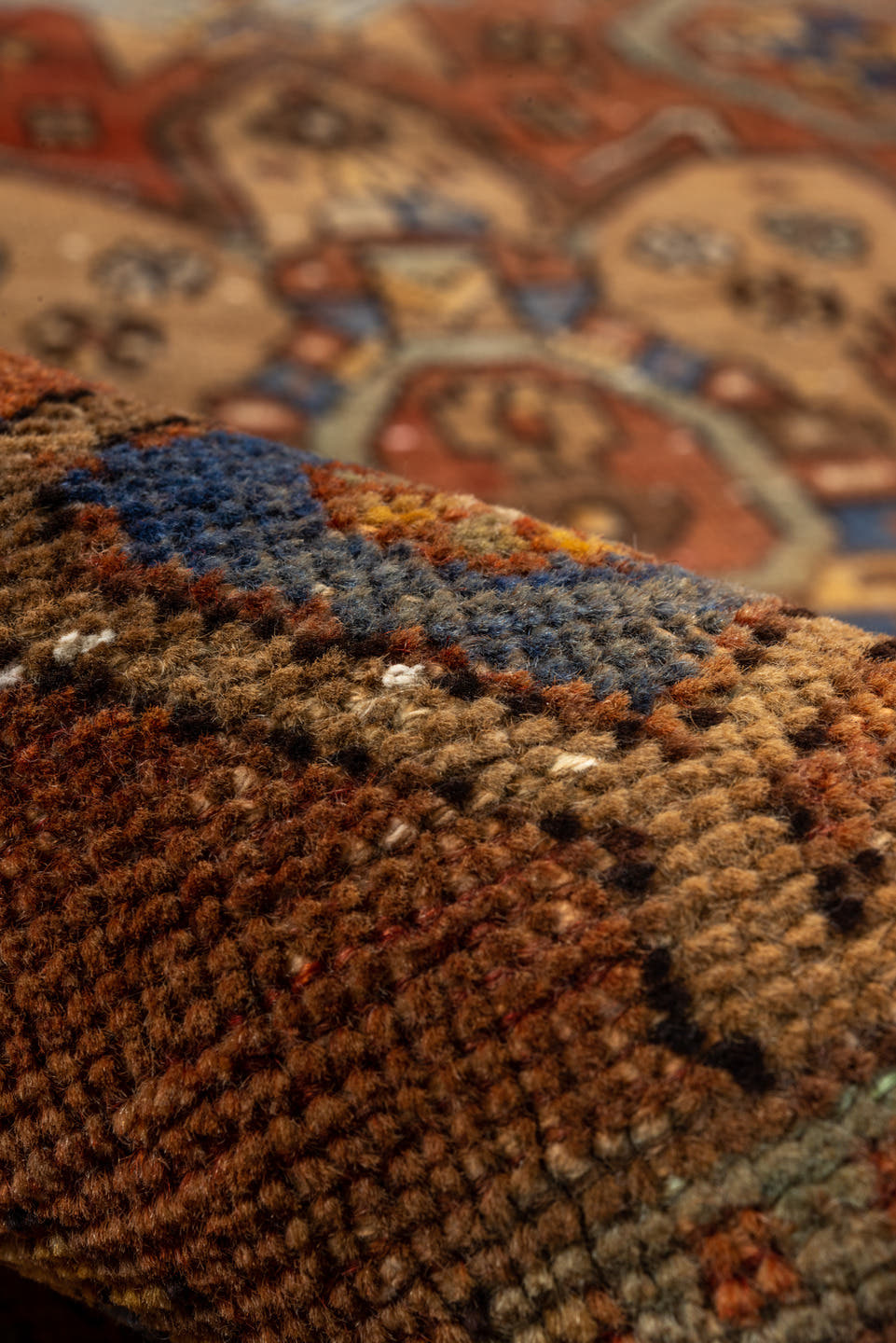 3' x 10' one-of-a-kind handmade vintage Heriz runner rug. Color palette: rust, camel, cobalt, ivory, gold, taupe, brown