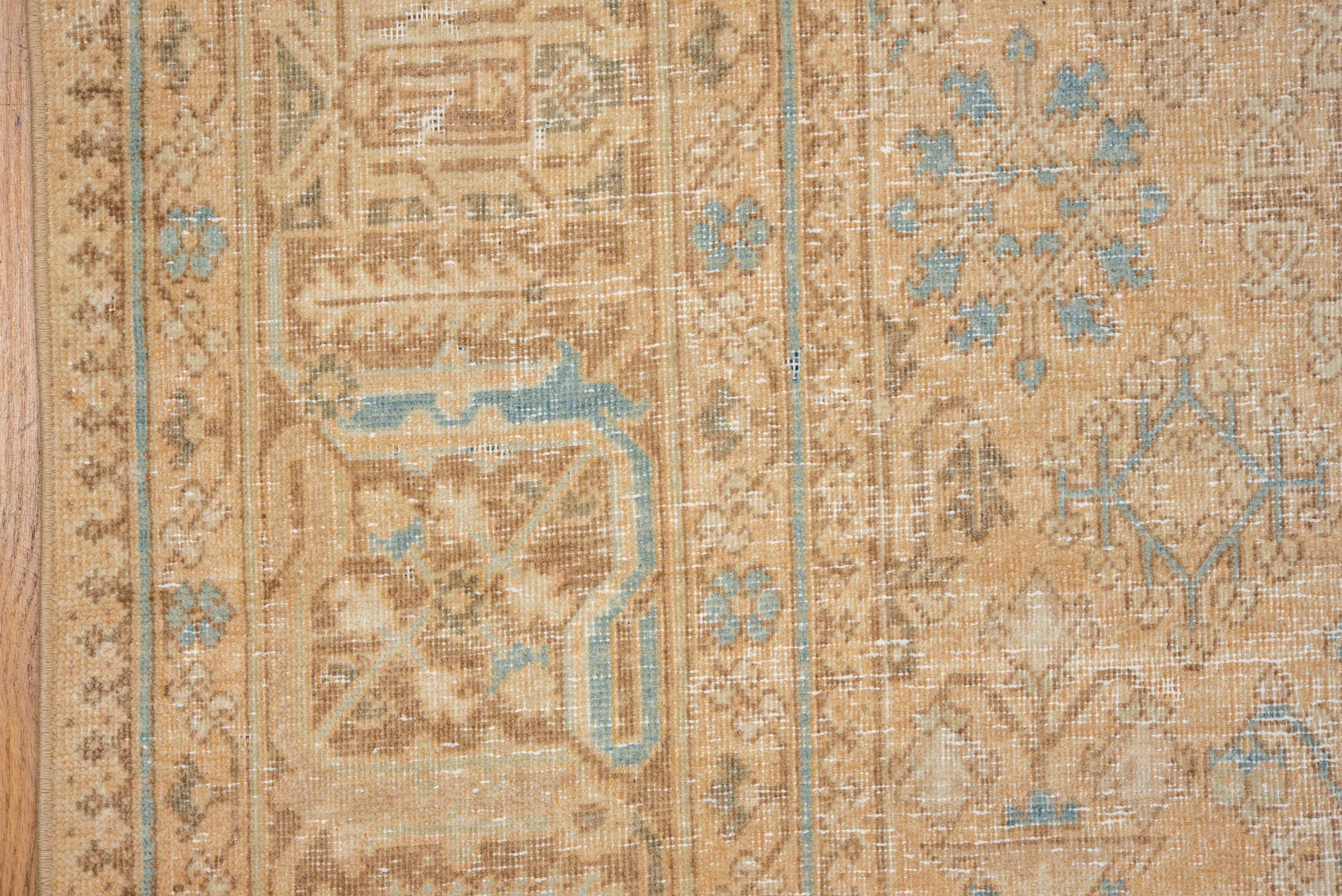 7' x 10' one-of-a-kind handmade vintage Joshegan large size rug. Color palette: camel, ivory, sky_blue, taupe, tan