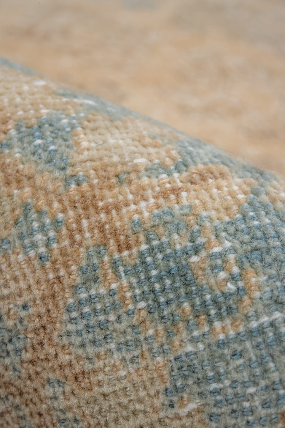 7' x 10' one-of-a-kind handmade vintage Joshegan large size rug. Color palette: camel, ivory, sky_blue, taupe, tan