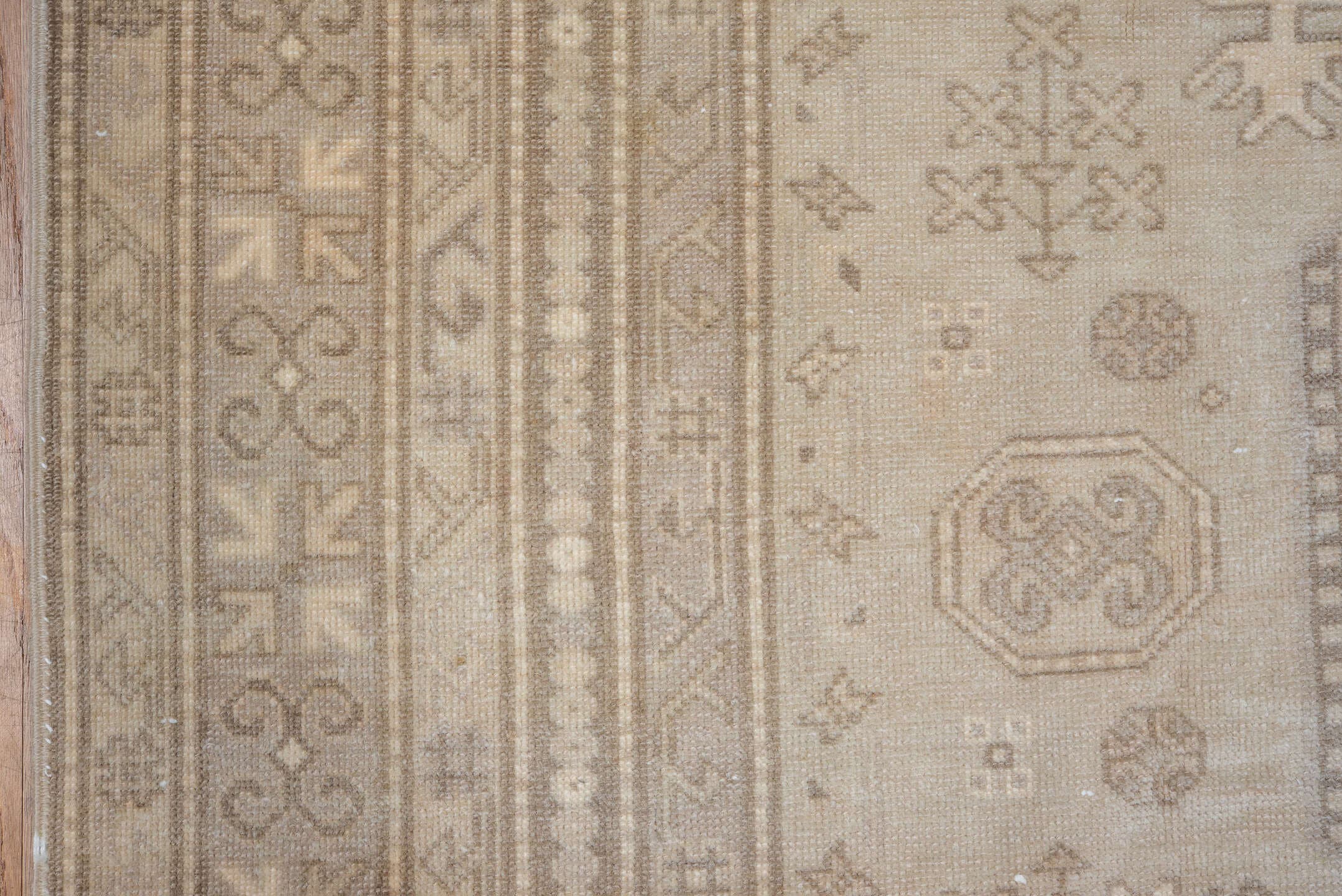6' x 10' one-of-a-kind handmade vintage Derband large size rug. Color palette: beige, ivory, taupe, camel, sand, light brown