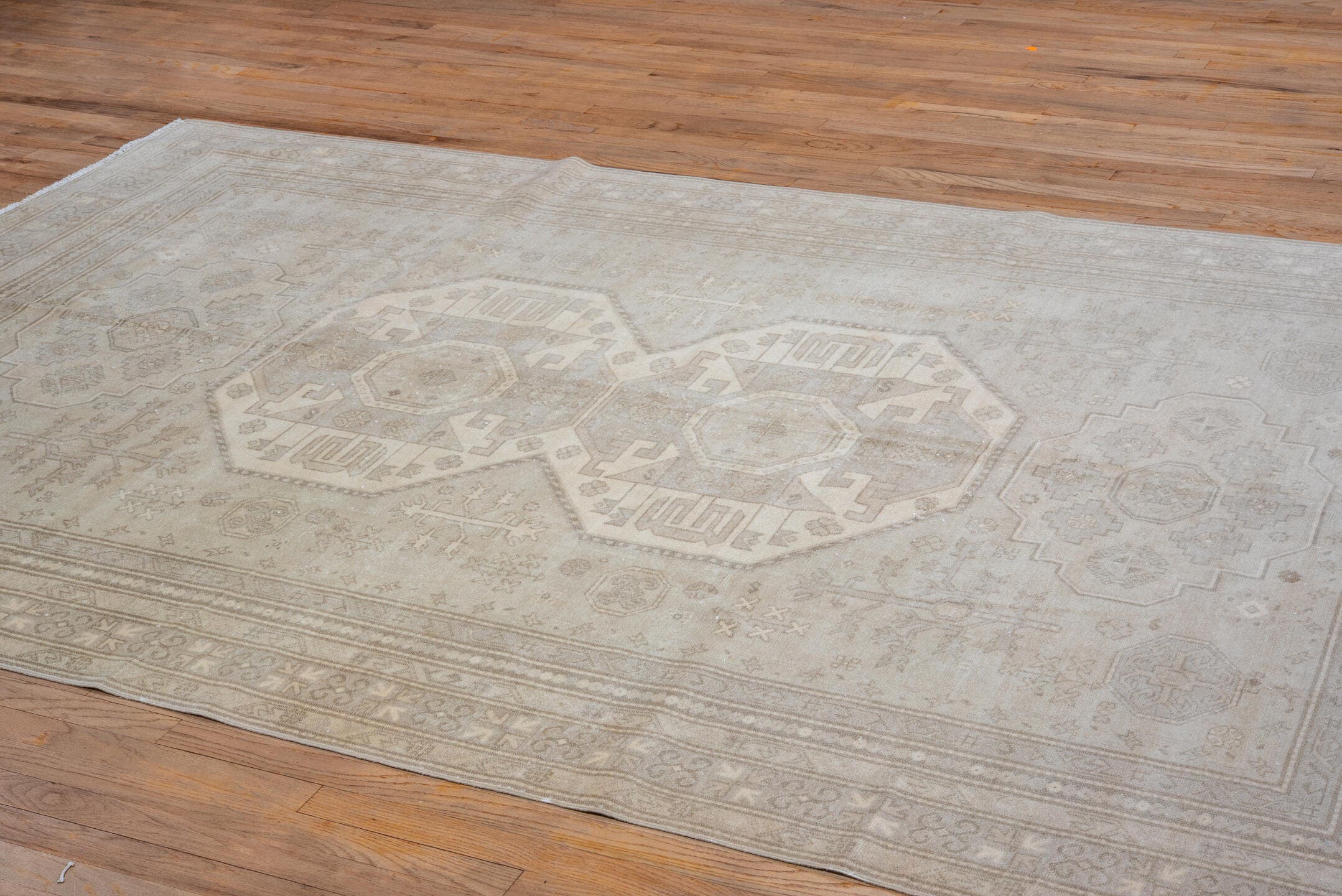 6' x 10' one-of-a-kind handmade vintage Derband large size rug. Color palette: beige, ivory, taupe, camel, sand, light brown
