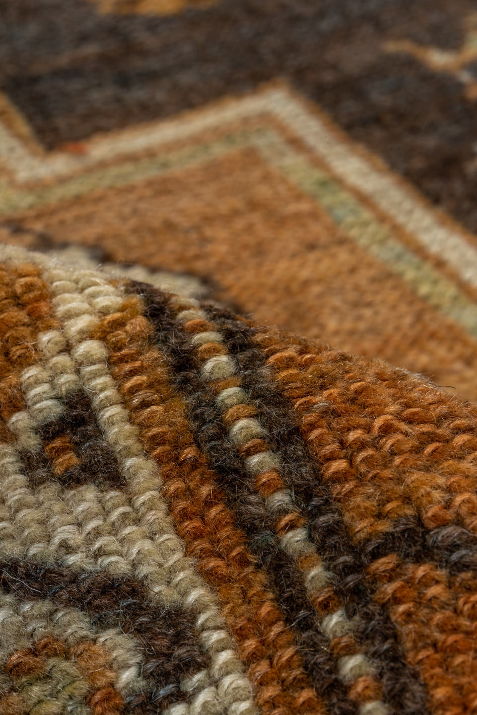 6' x 12' one-of-a-kind handmade vintage Kurd large size rug. Color palette: camel, brown, sky blue, ivory, taupe, charcoal