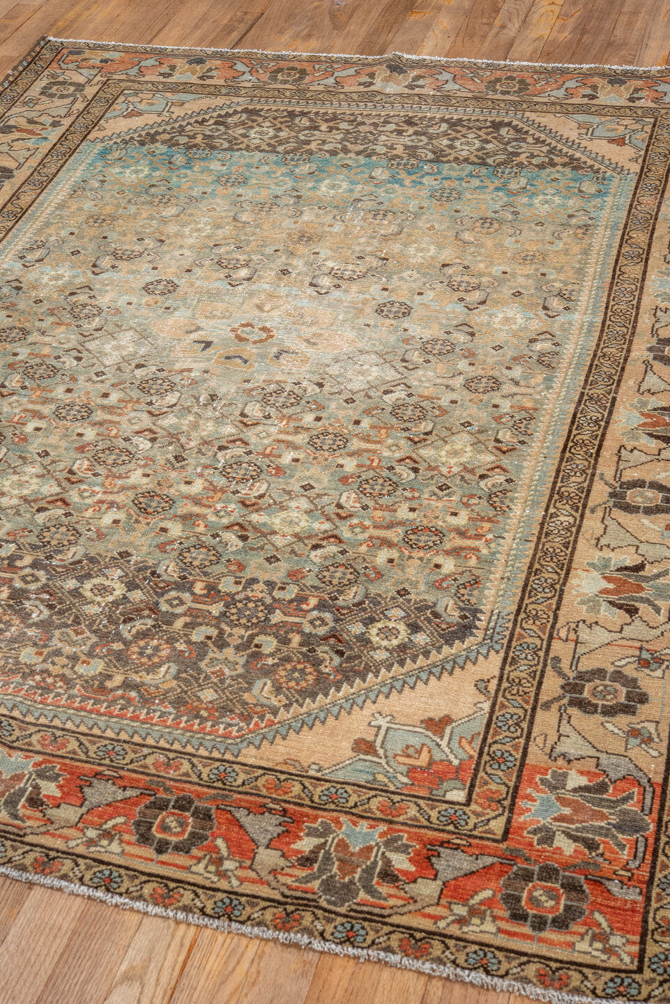 4' x 6' one-of-a-kind handmade vintage Malayer small size rug. Color palette: ivory, light blue, taupe, brown, terra cotta
